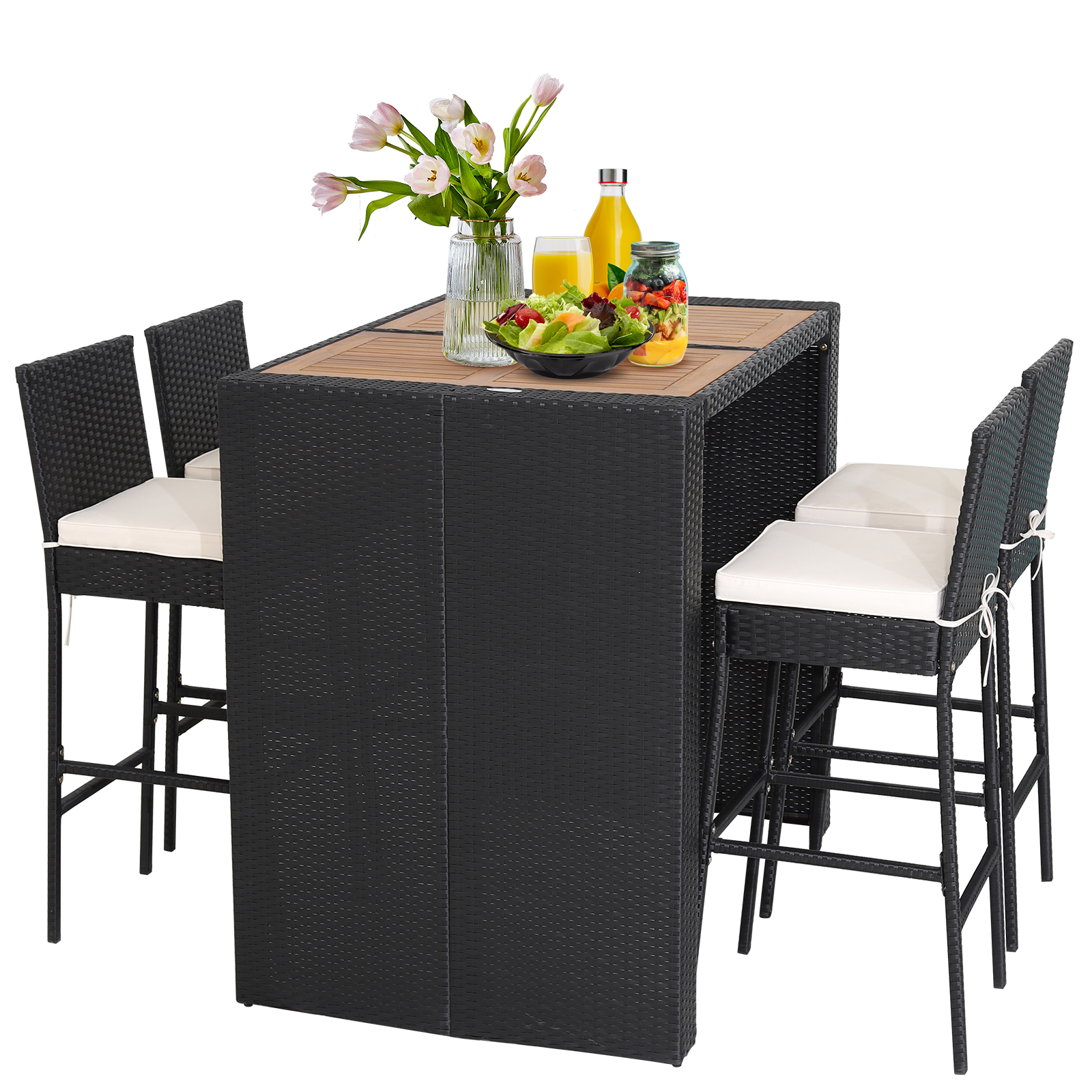 Patio 5PCS Wicker Bar Set Table & Stool Dinning Set Outdoor Acacia Wood Bistro - Picture 11 of 11