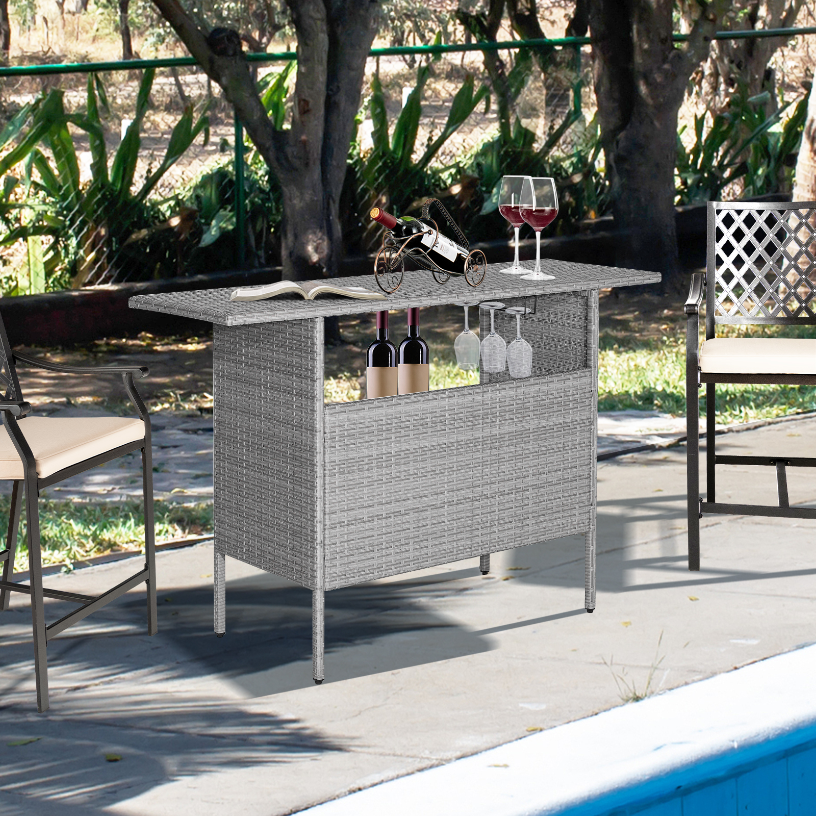 Outdoor Patio Wicker Bar Table Bistro High Table for Backyard Poolside Mix Grey