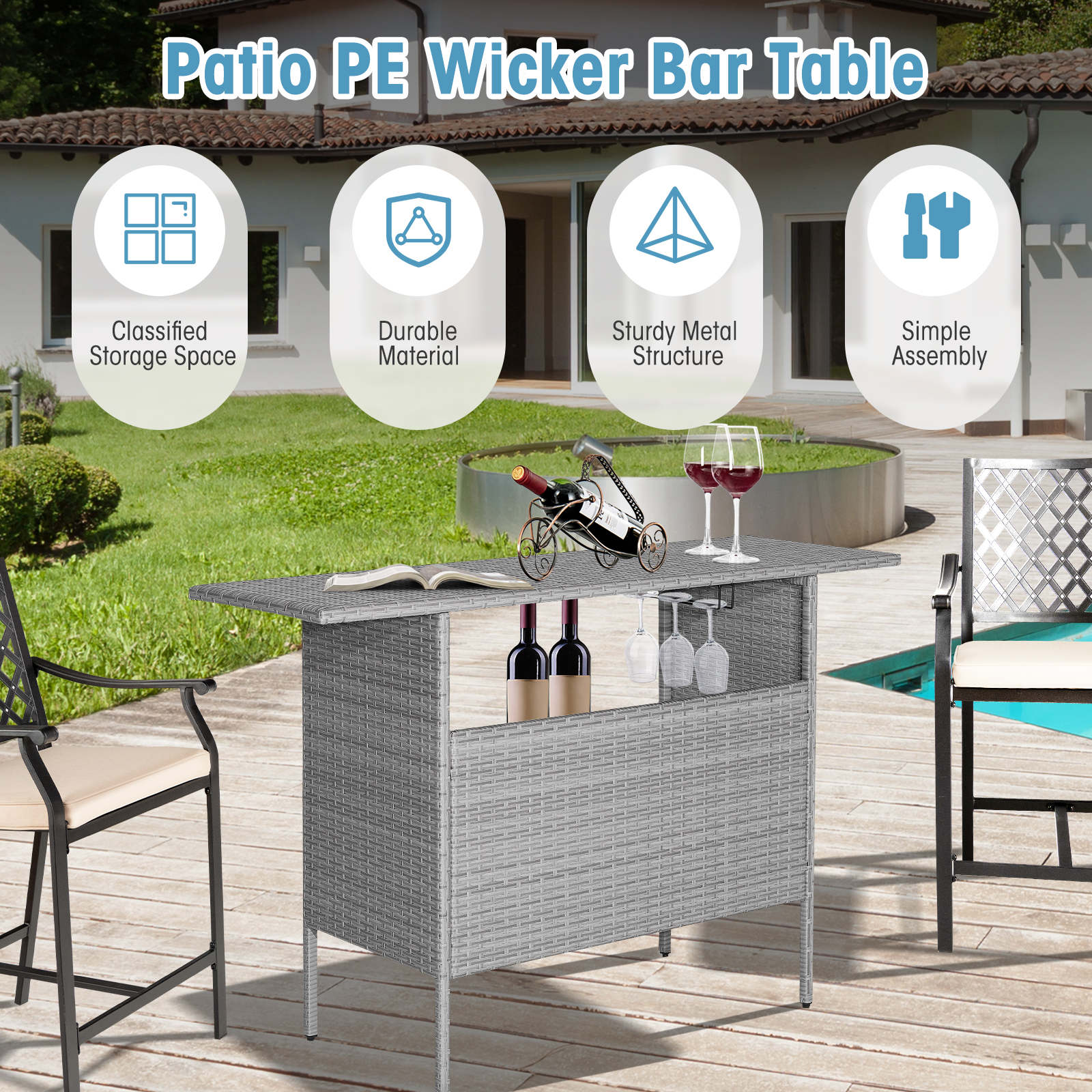 Outdoor Patio Wicker Bar Table Bistro High Table for Backyard Poolside Mix Grey