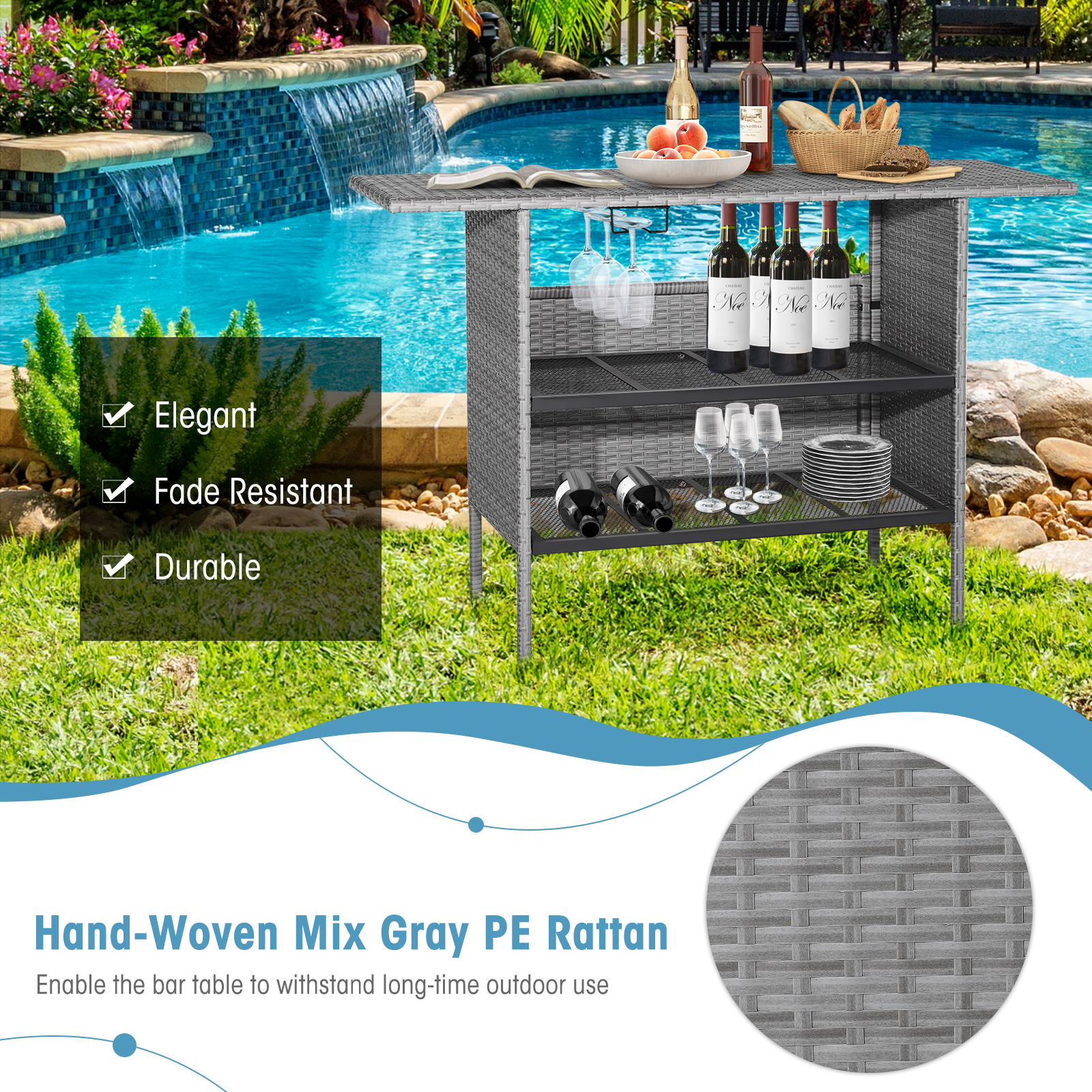 Outdoor Patio Wicker Bar Table Bistro High Table for Backyard Poolside Mix Grey