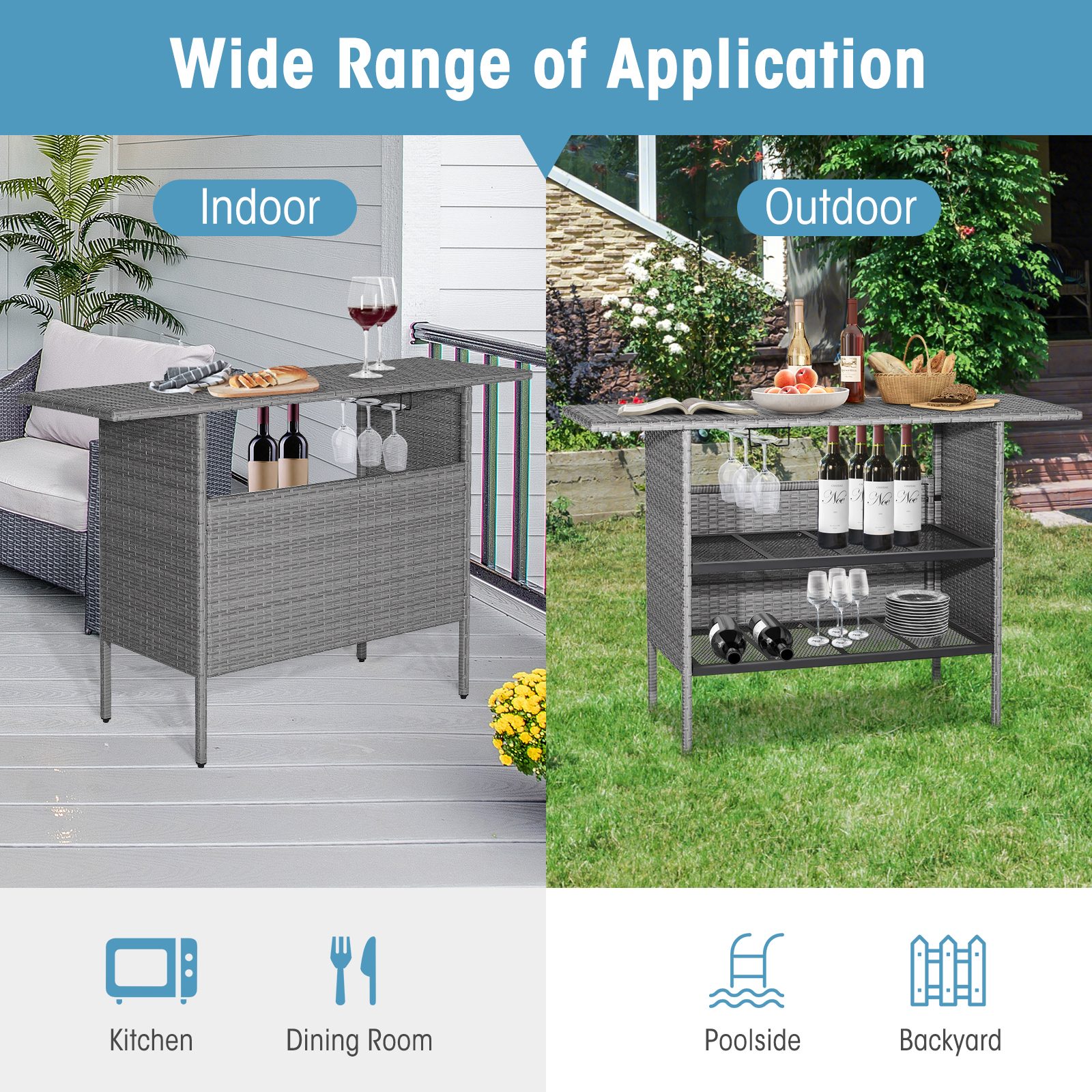 Outdoor Patio Wicker Bar Table Bistro High Table for Backyard Poolside Mix Grey