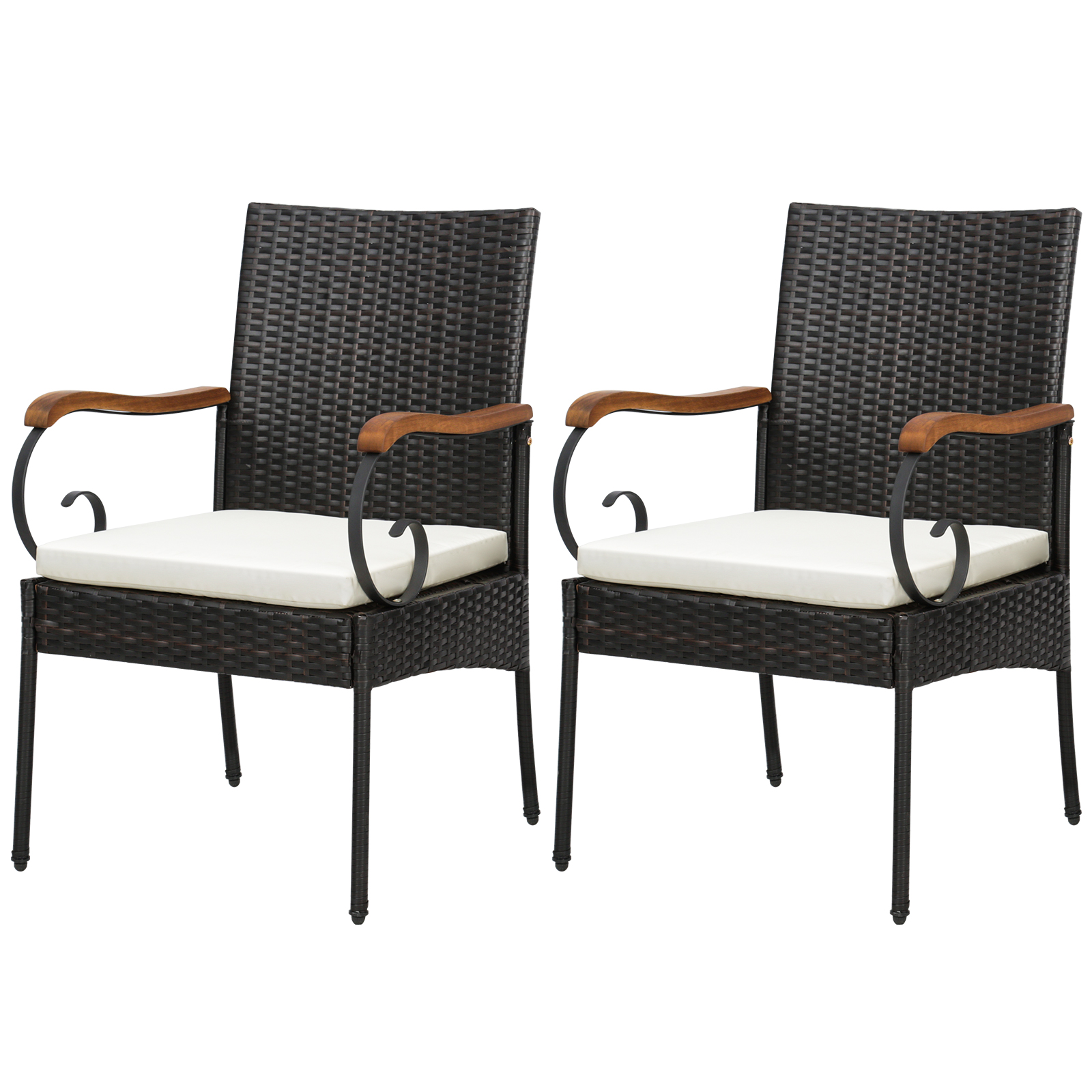 2PCS Patio PE Wicker Chairs Acacia Wood Armrests W/Soft Zippered Cushion Garden
