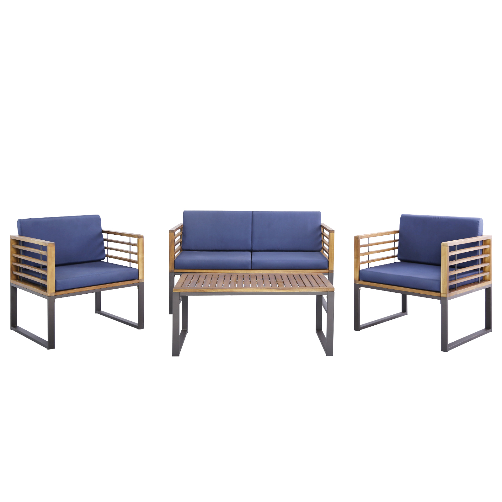 Patio 4pcs Acacia Wood Chair Table Loveseat Cushioned Furniture Set Outdoor Navy