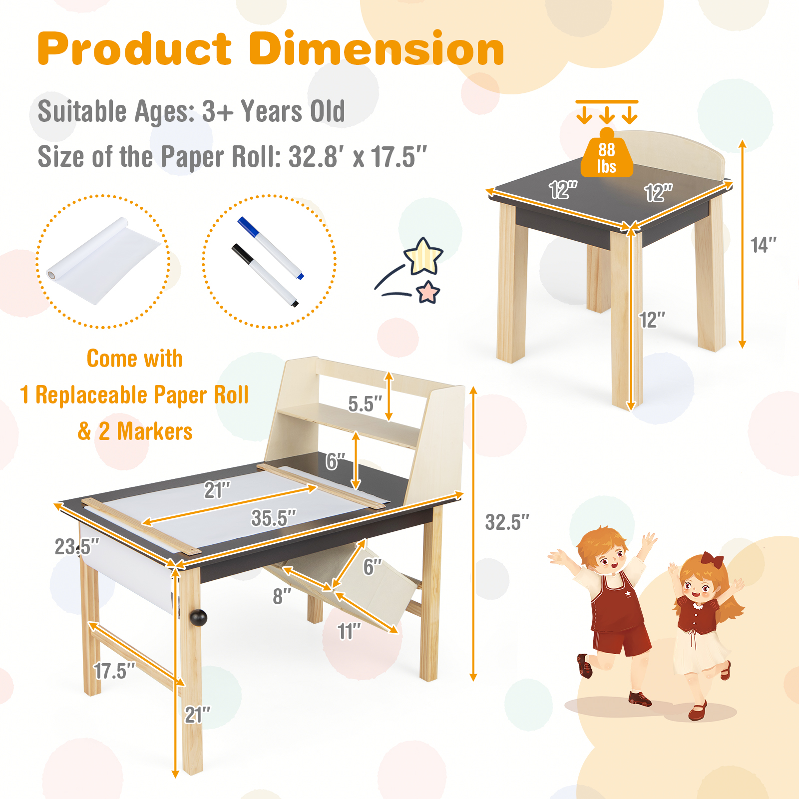 Holz Zeichentisch Kinder Kunst Tisch & Stühle Set mit Papierrolle Aufbewahrung Regal Behälter - Bild 2 von 6