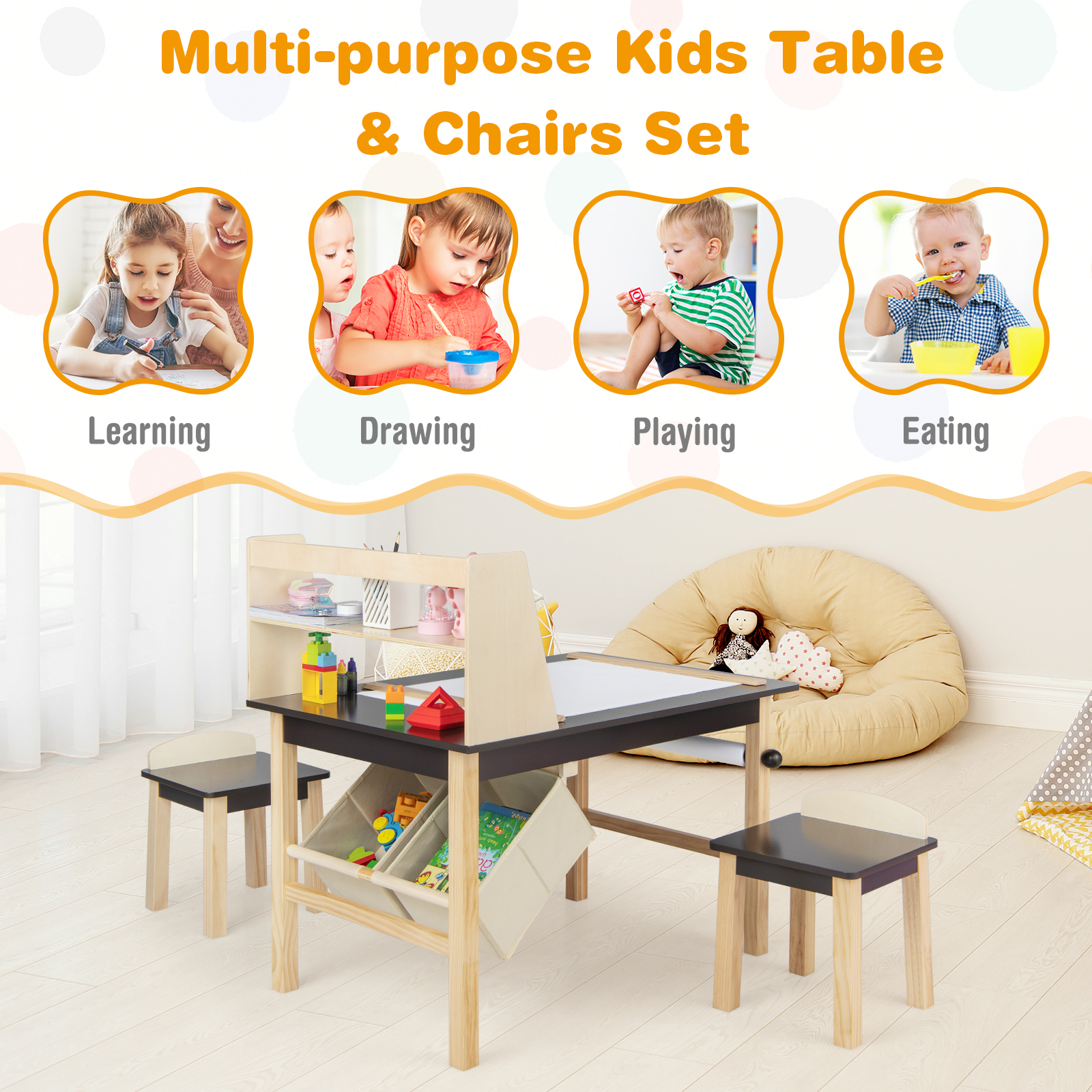 Holz Zeichentisch Kinder Kunst Tisch & Stühle Set mit Papierrolle Aufbewahrung Regal Behälter - Bild 6 von 6