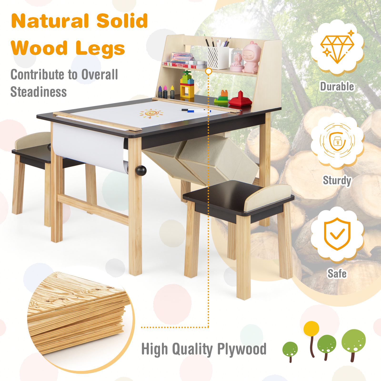 Holz Zeichentisch Kinder Kunst Tisch & Stühle Set mit Papierrolle Aufbewahrung Regal Behälter - Bild 4 von 6