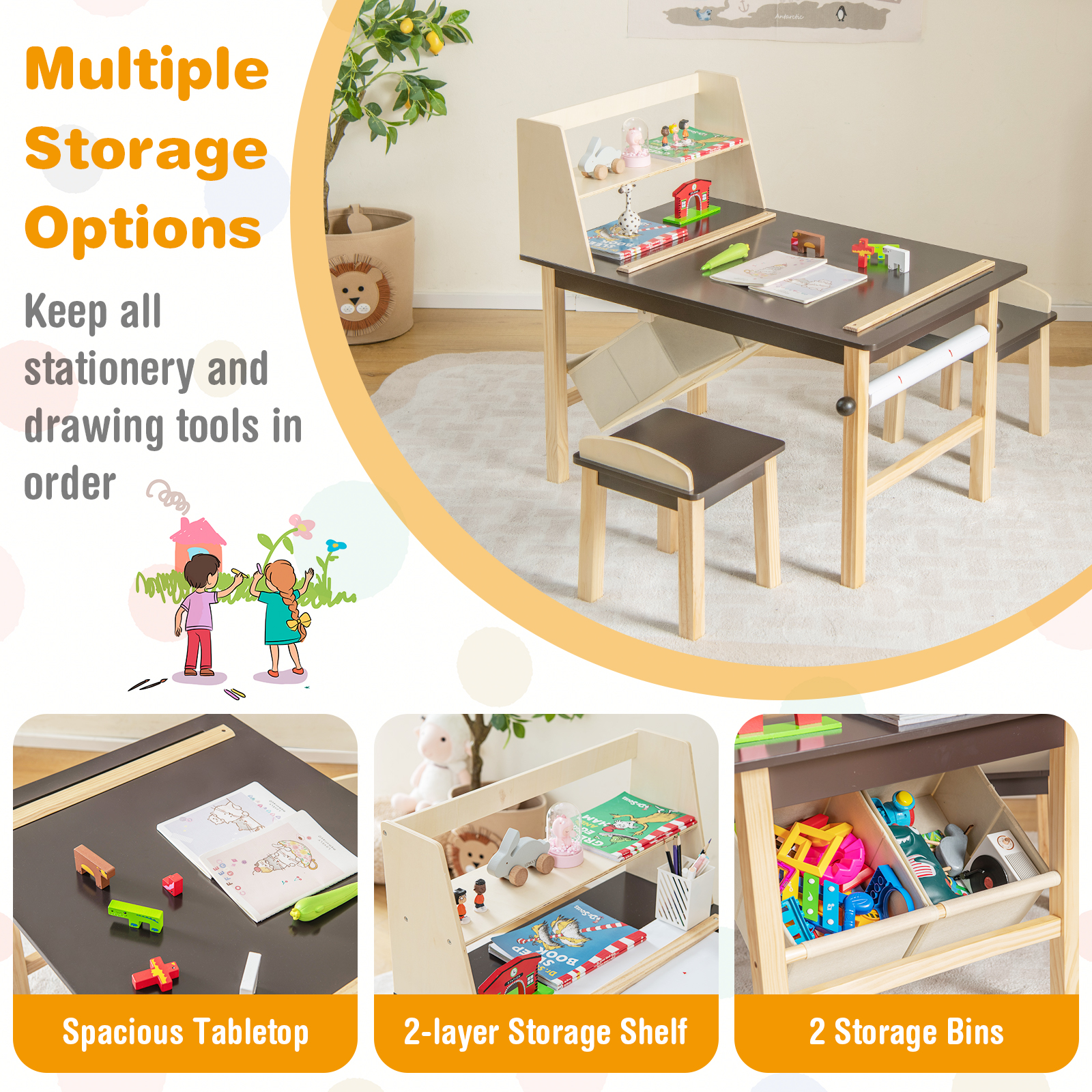 Holz Zeichentisch Kinder Kunst Tisch & Stühle Set mit Papierrolle Aufbewahrung Regal Behälter - Bild 5 von 6