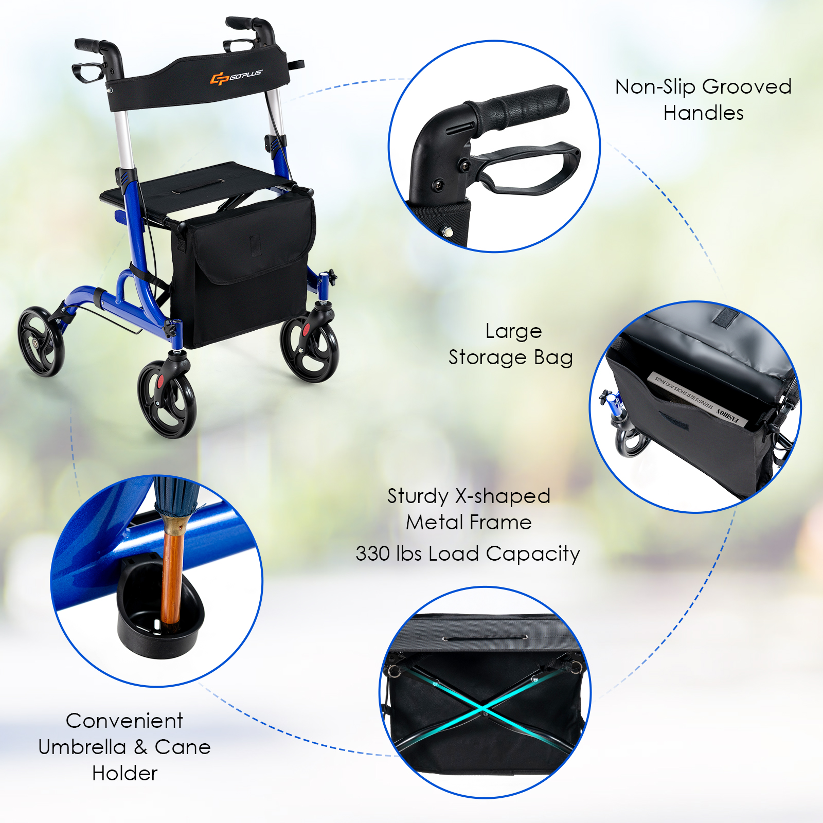 Folding Aluminum Rolling Walker Rollator Walker w/ Seat & 8-inch Wheels Blue - Picture 7 of 7