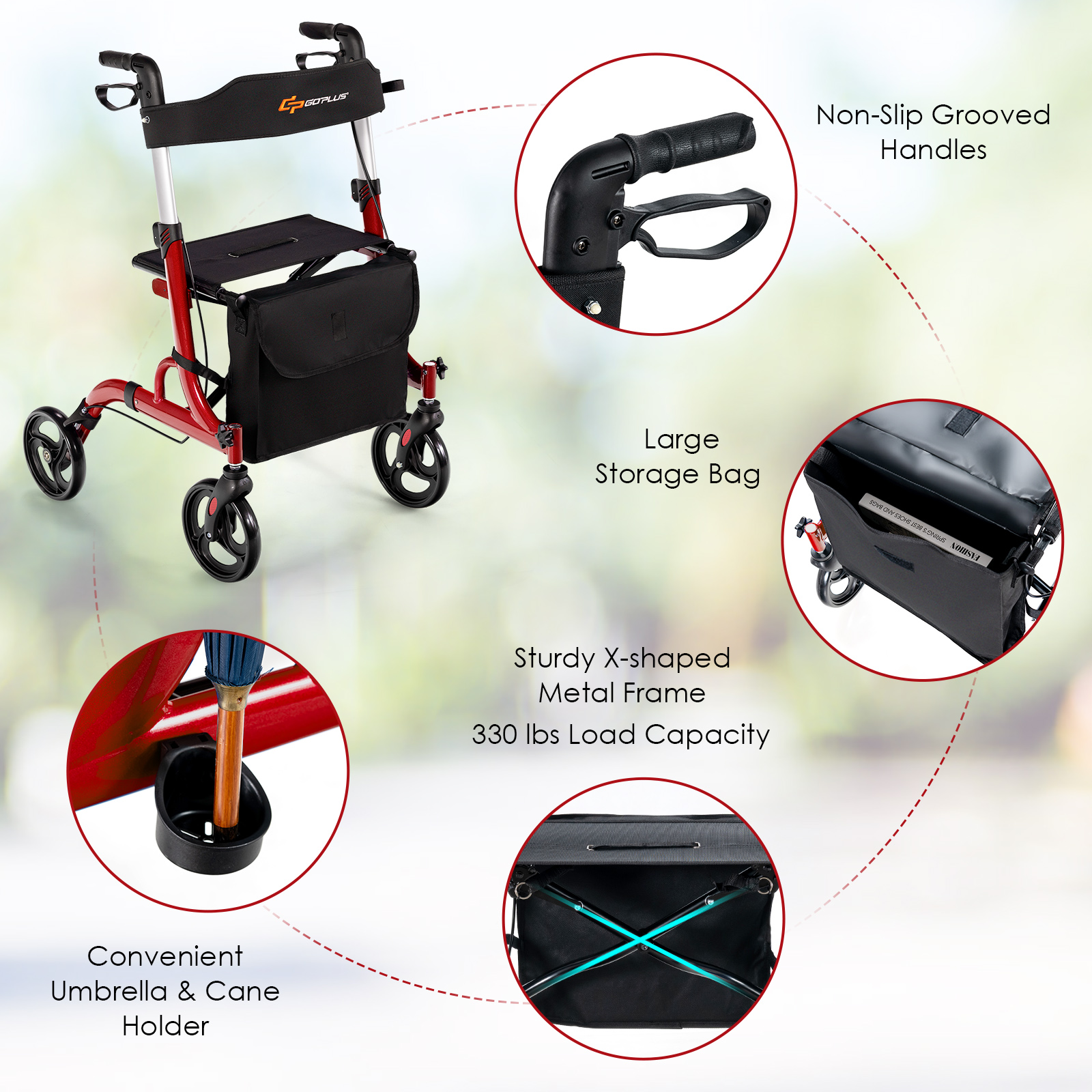 Folding Aluminum Rolling Walker Rollator Walker w/ Seat & 8-inch Wheels Red - Picture 8 of 8