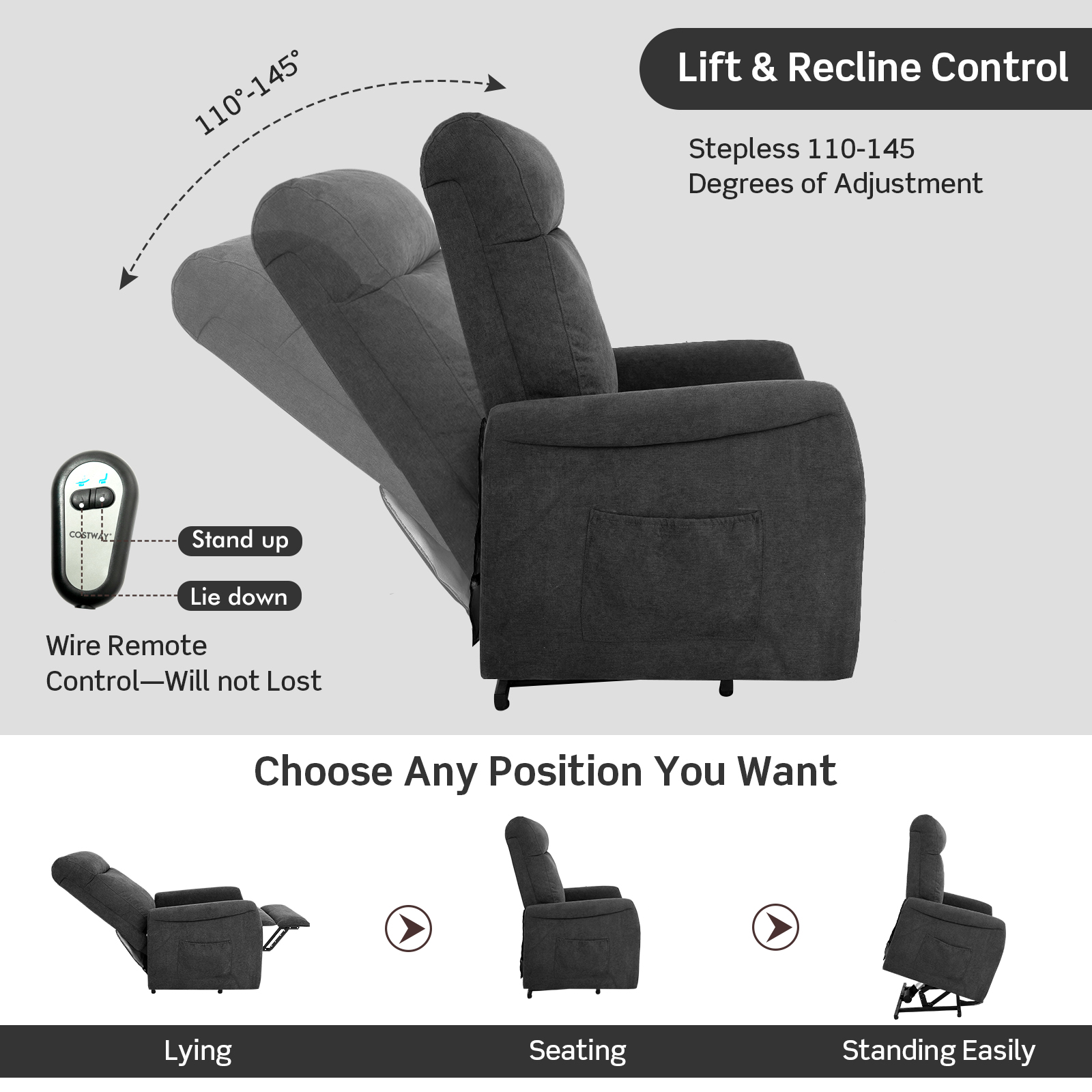 Power Lift Recliner Chair for Elder Ergonomic Lounge Chair w/Wire Remote Control - Picture 15 of 16