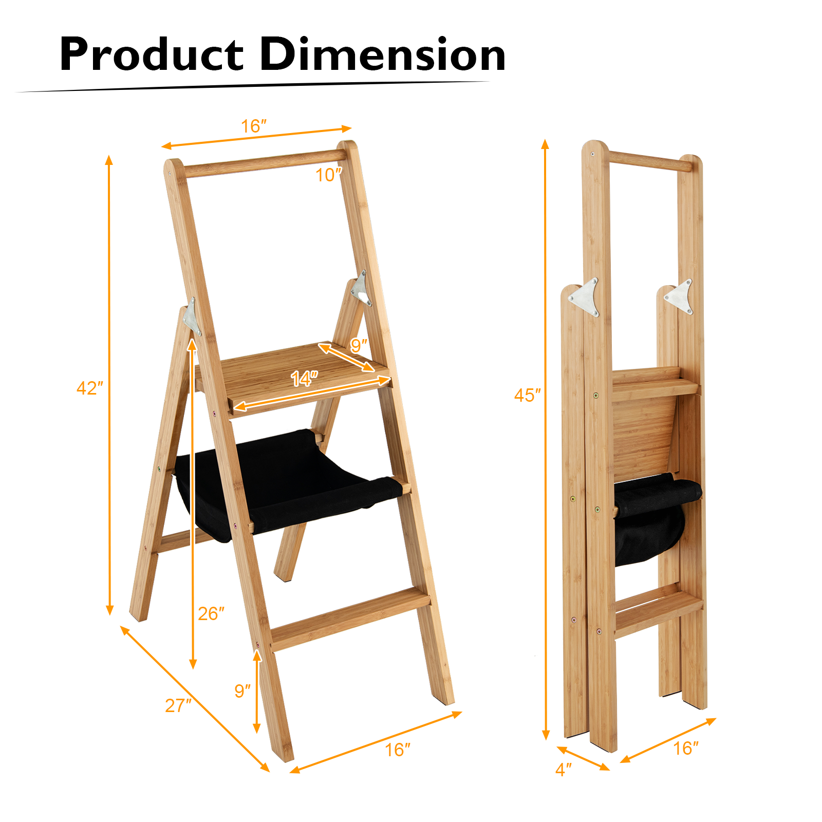 3 Step Ladder Foldable Bamboo Step Stool 330Lbs Capacity with Tool Storage Bag