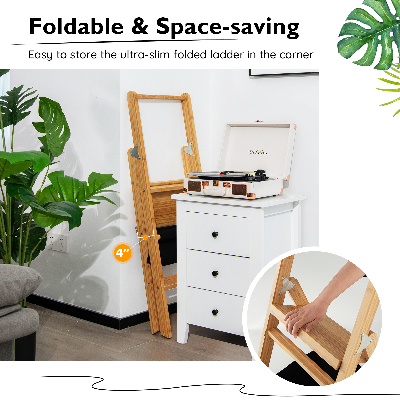 3 Step Ladder Foldable Bamboo Step Stool 330Lbs Capacity with Tool Storage Bag