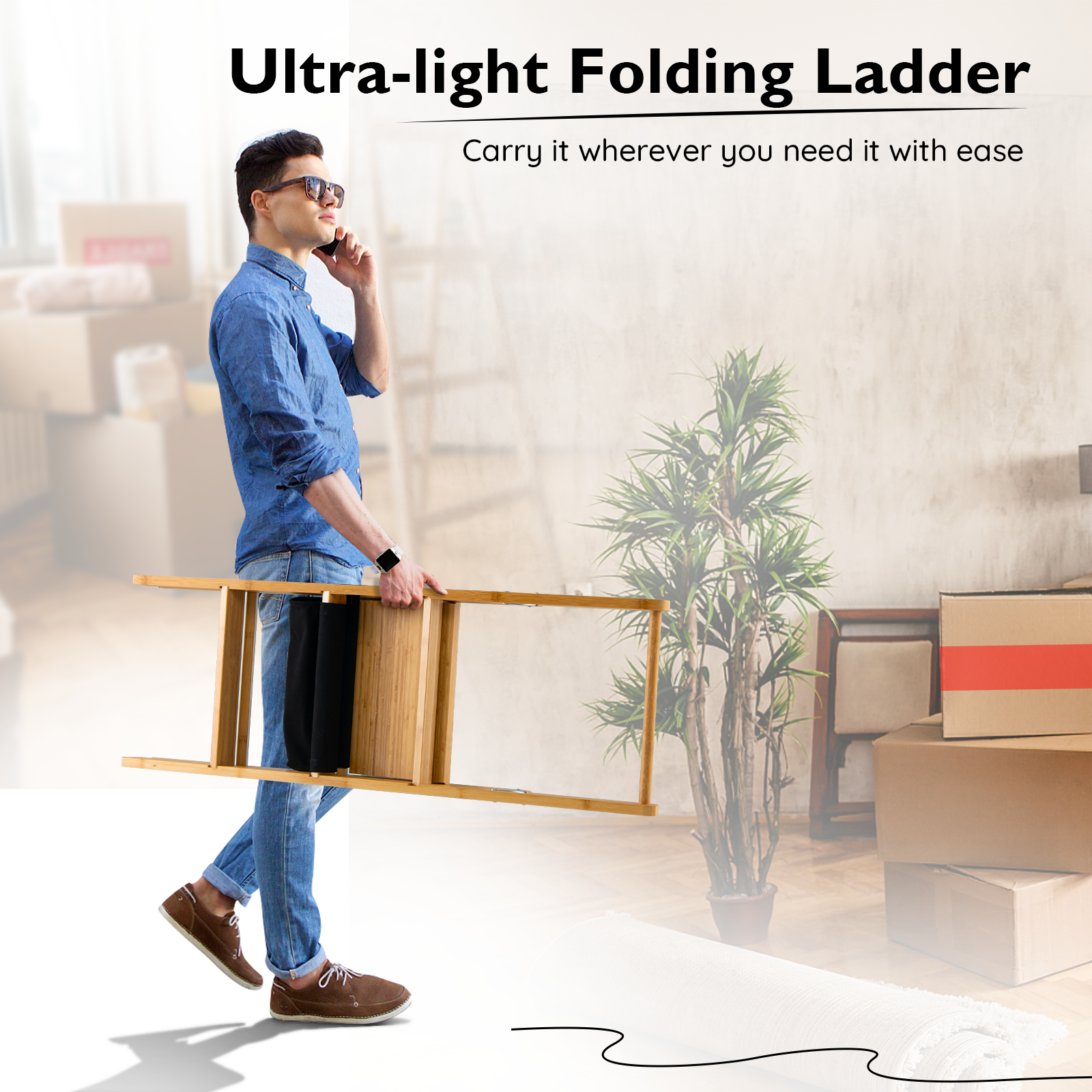 3 Step Ladder Foldable Bamboo Step Stool 330Lbs Capacity with Tool Storage Bag