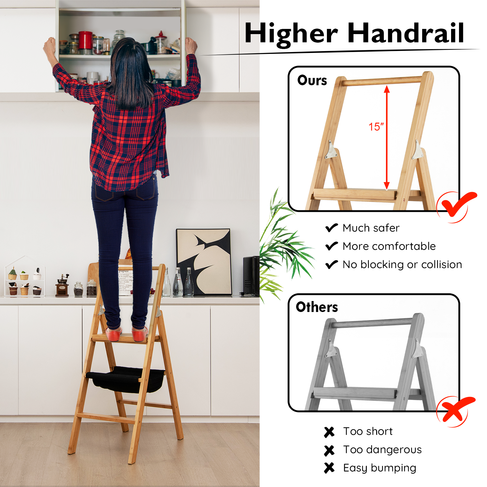 3 Step Ladder Foldable Bamboo Step Stool 330Lbs Capacity with Tool Storage Bag