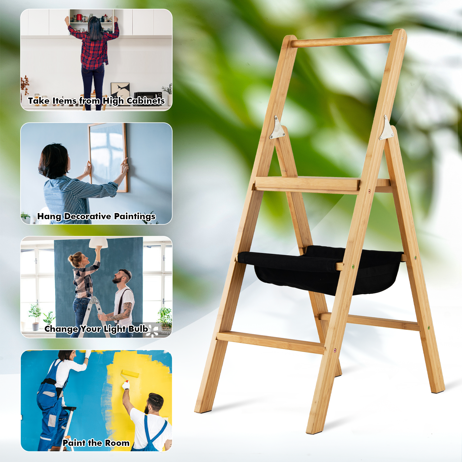 3 Step Ladder Foldable Bamboo Step Stool 330Lbs Capacity with Tool Storage Bag