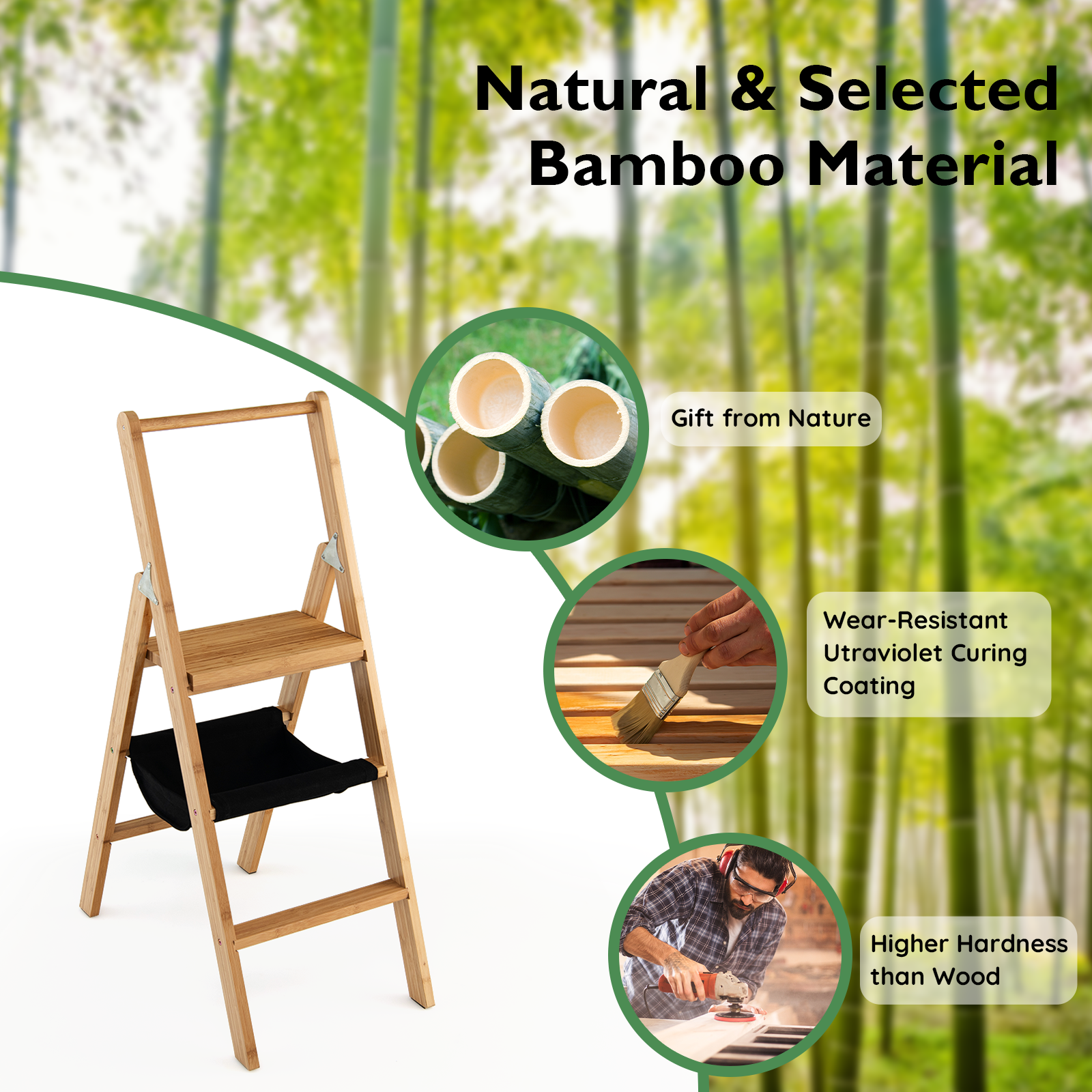 3 Step Ladder Foldable Bamboo Step Stool 330Lbs Capacity with Tool Storage Bag