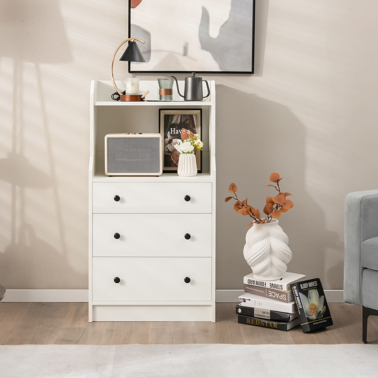 Giantex 3-Drawer Dresser Wood Utility Storage Organizer Chest w/ 2 Open Shelves - Picture 31 of 31