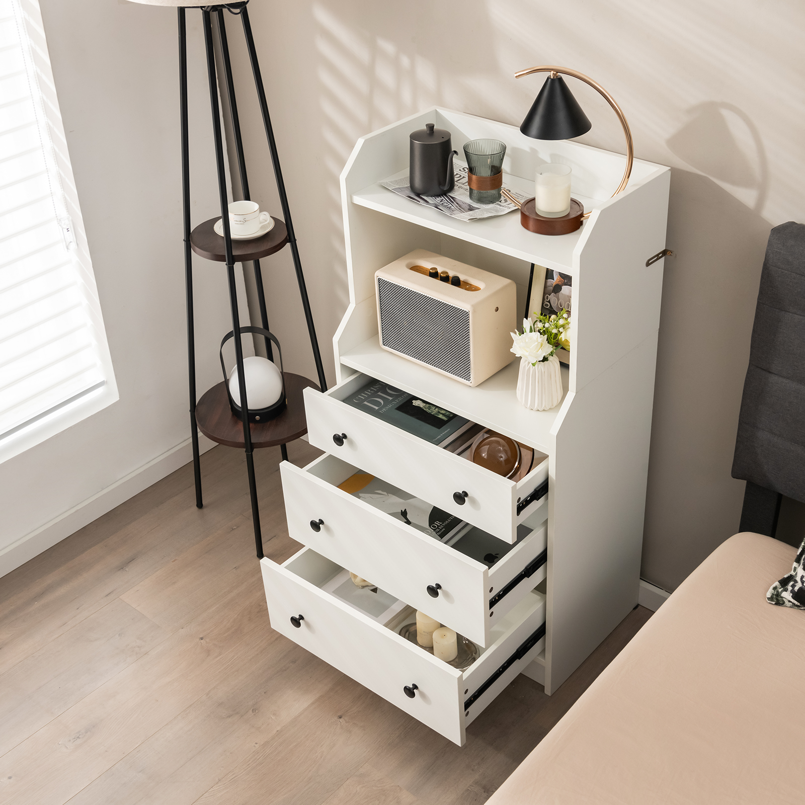 Giantex 3-Drawer Dresser Wood Utility Storage Organizer Chest w/ 2 Open Shelves - Picture 23 of 31