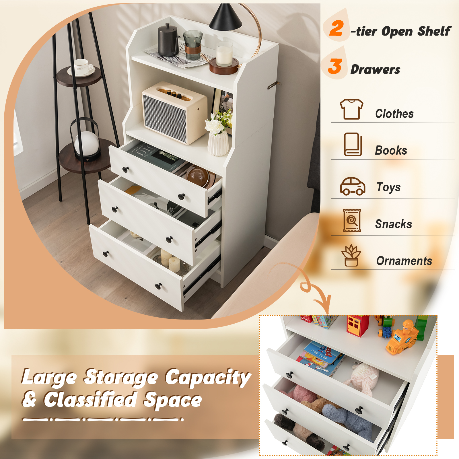 Giantex 3-Drawer Dresser Wood Utility Storage Organizer Chest w/ 2 Open Shelves - Picture 24 of 31