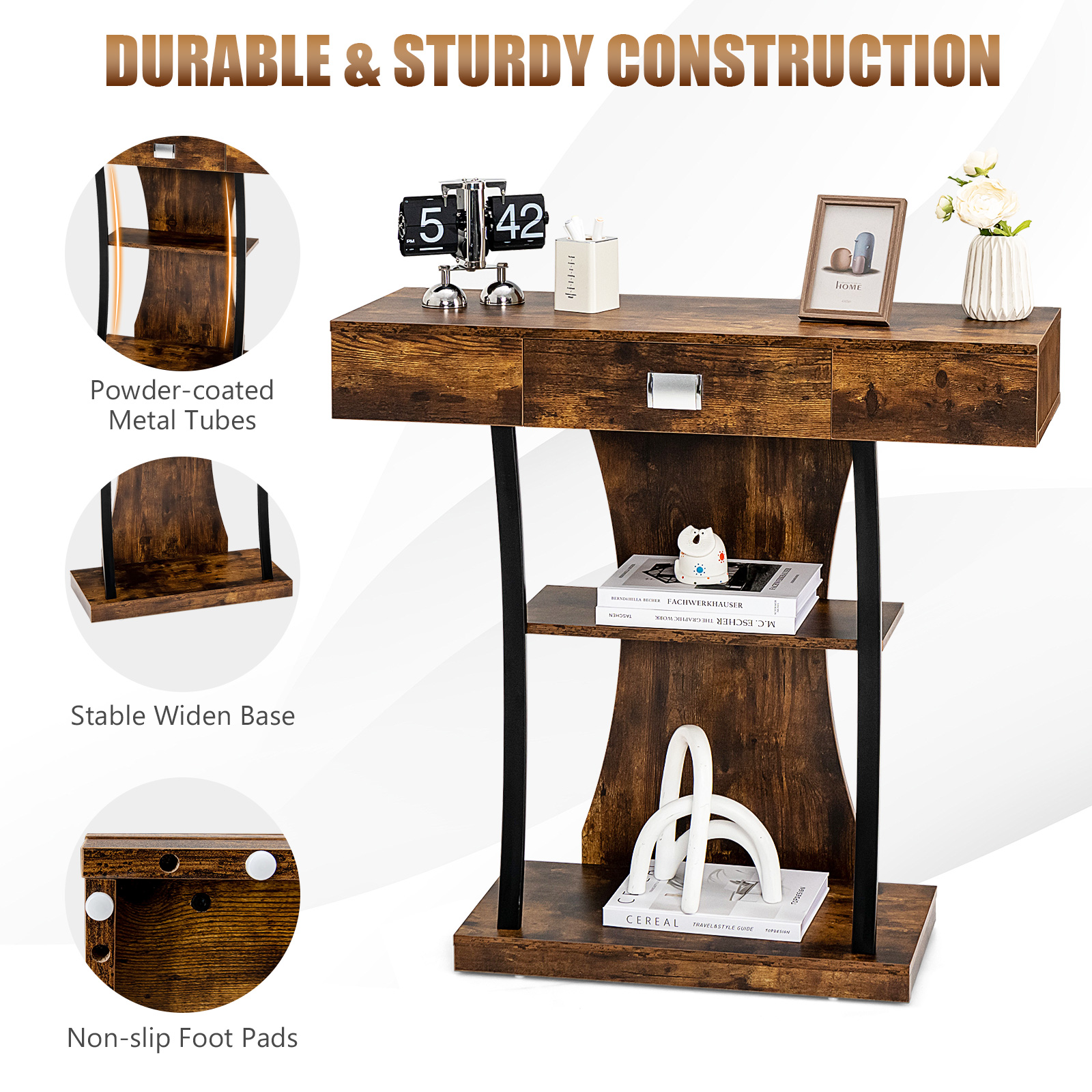 T-Shaped Console Table Entryway Accent Table with Drawer Shelves Living Room - Picture 13 of 20