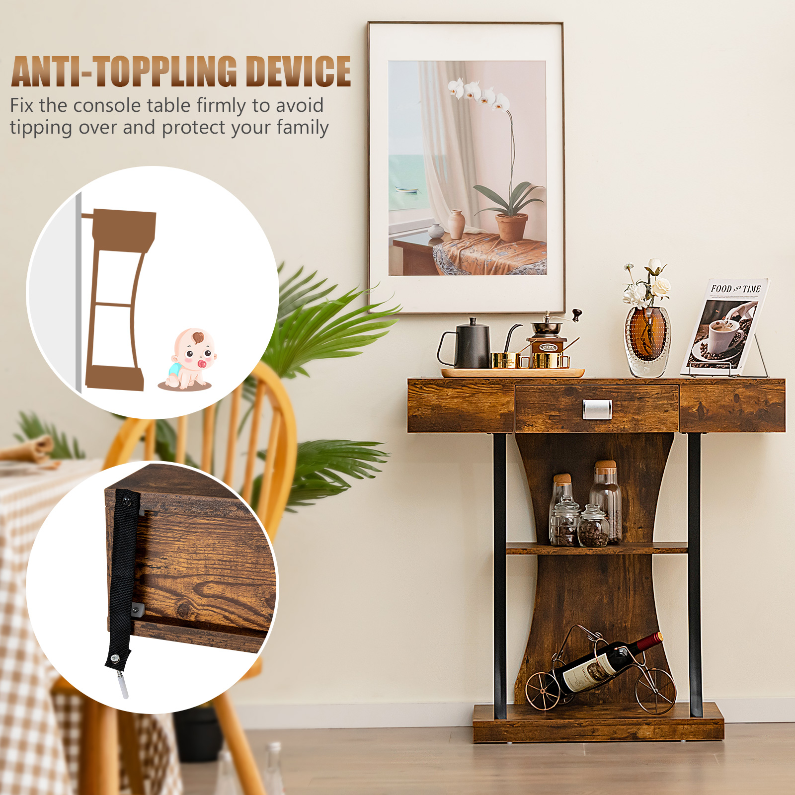 T-Shaped Console Table Entryway Accent Table with Drawer Shelves Living Room - Picture 16 of 20