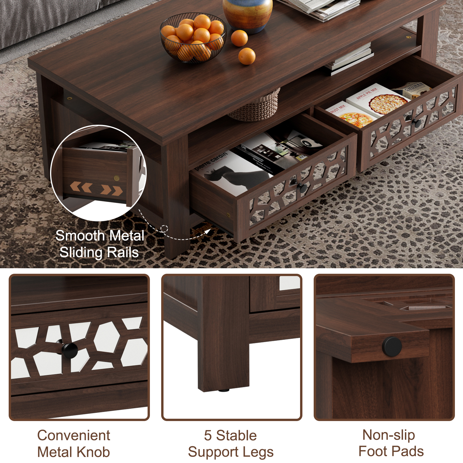 Coffee Table W/2 Drawers & Open Shelf Modern Rectangular Wood Living