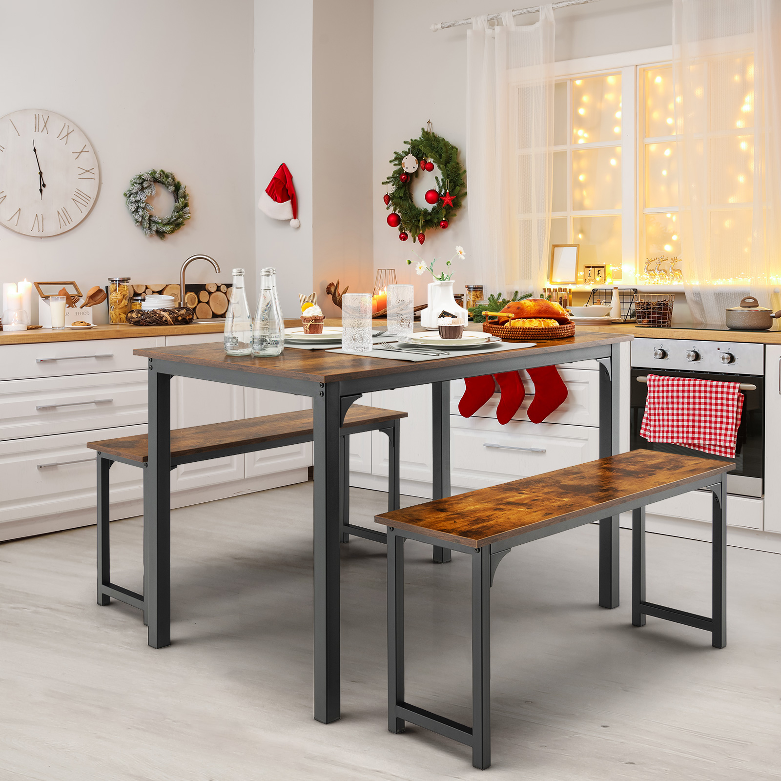 Modern 3 PCSDining Table Bench Set w/ Metal Frame &Wooden Tabletop Brown