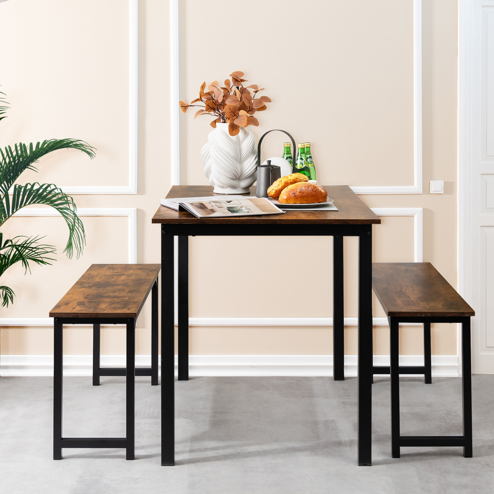 Modern 3 PCSDining Table Bench Set w/ Metal Frame &Wooden Tabletop Brown