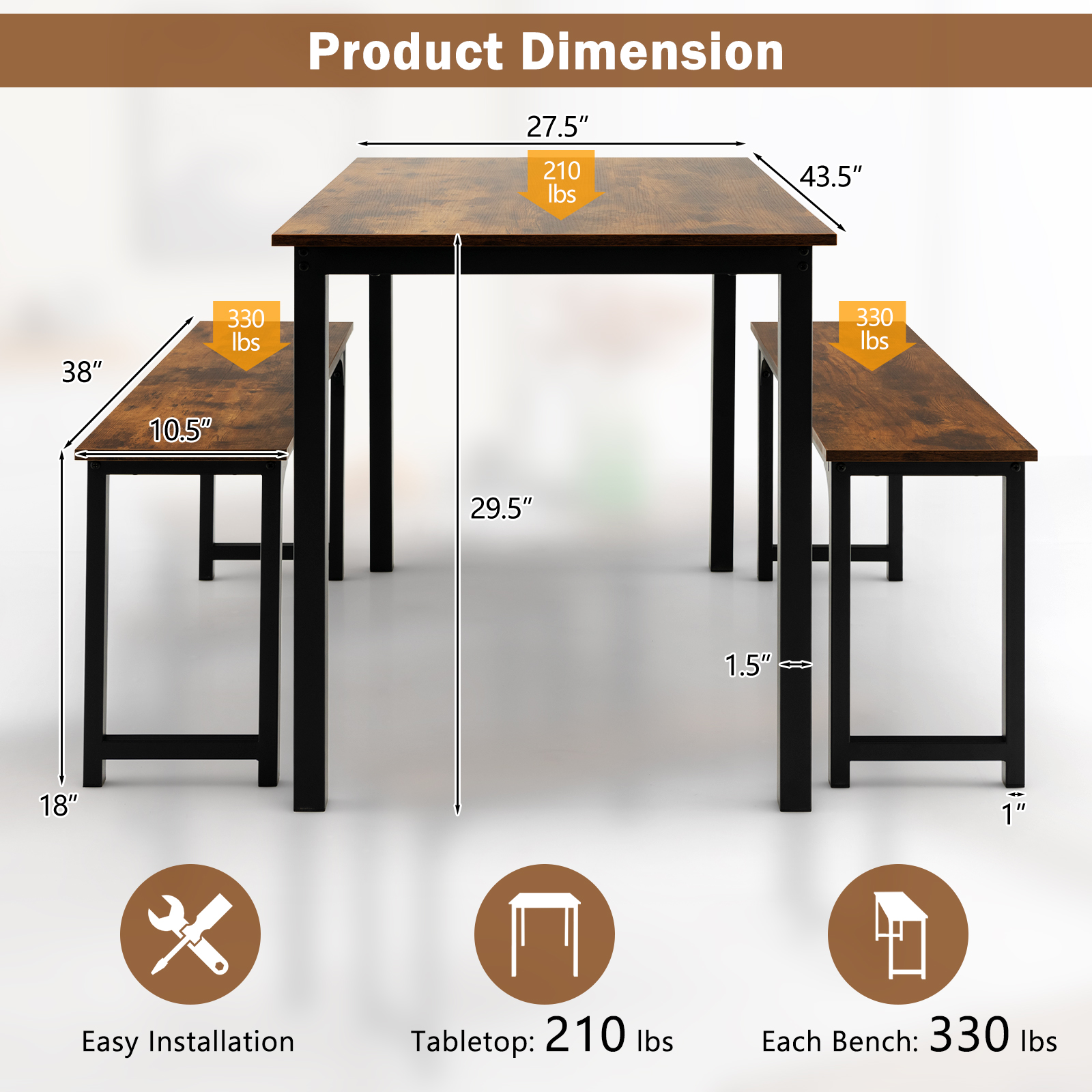 Modern 3 PCSDining Table Bench Set w/ Metal Frame &Wooden Tabletop Brown