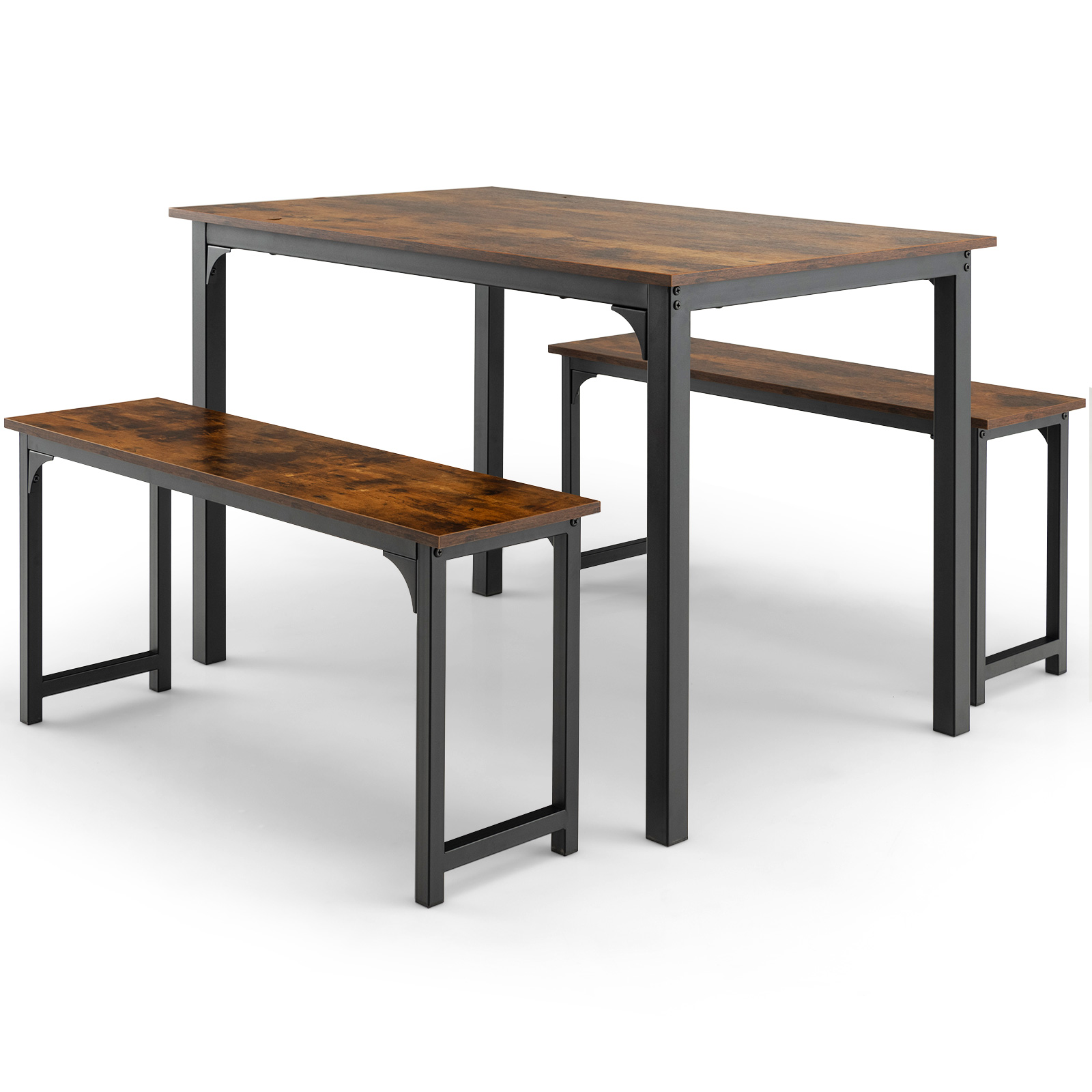Modern 3 PCSDining Table Bench Set w/ Metal Frame &Wooden Tabletop Brown