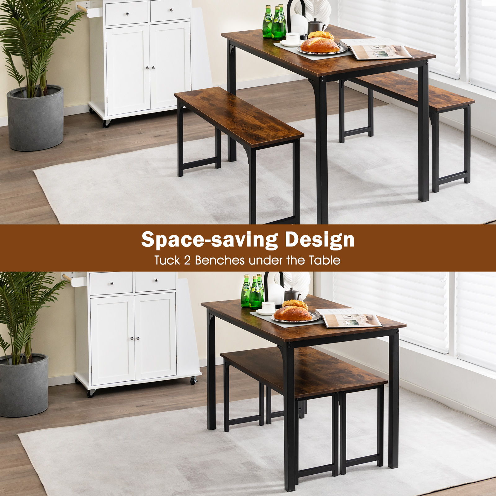 Modern 3 PCSDining Table Bench Set w/ Metal Frame &Wooden Tabletop Brown