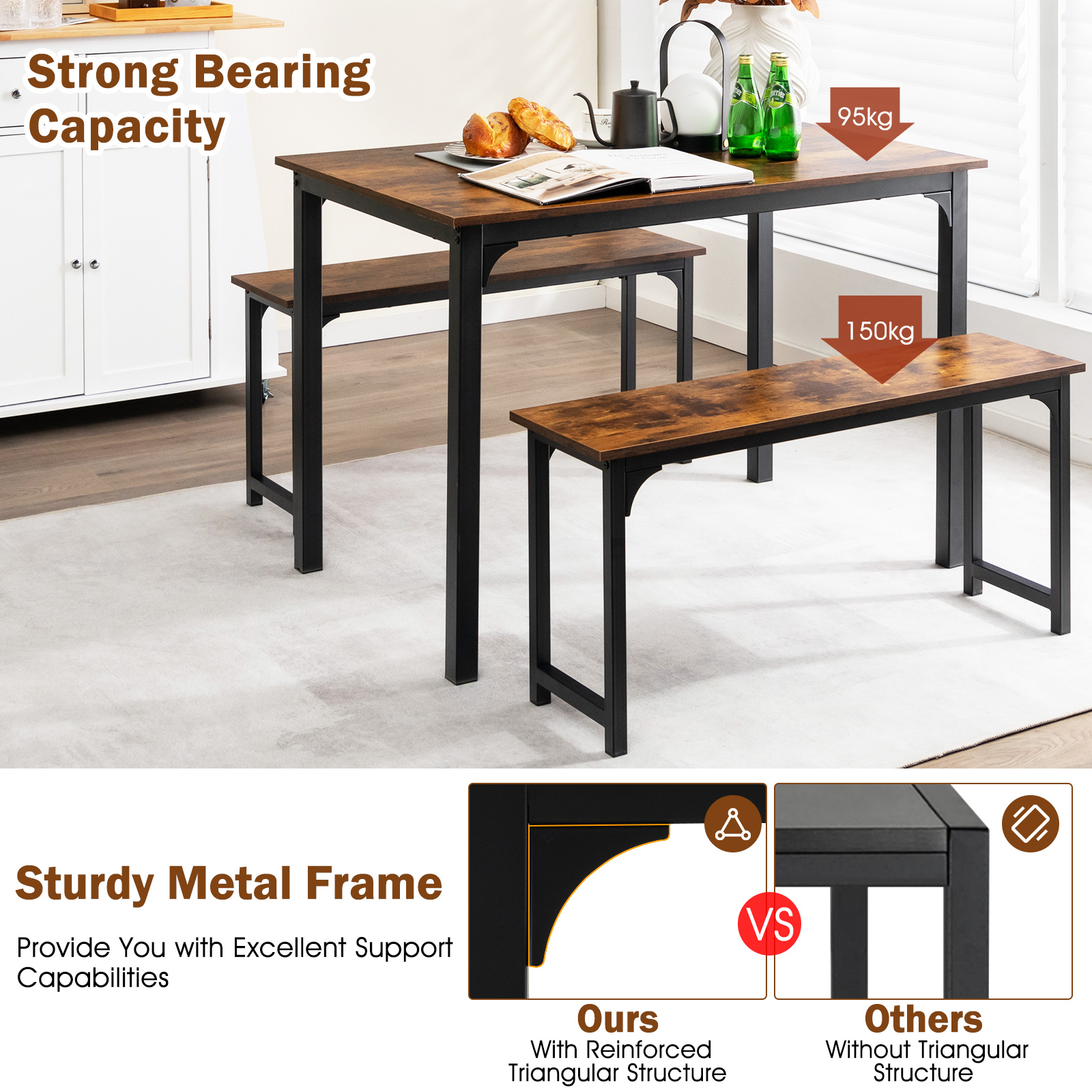 Modern 3 PCSDining Table Bench Set w/ Metal Frame &Wooden Tabletop Brown