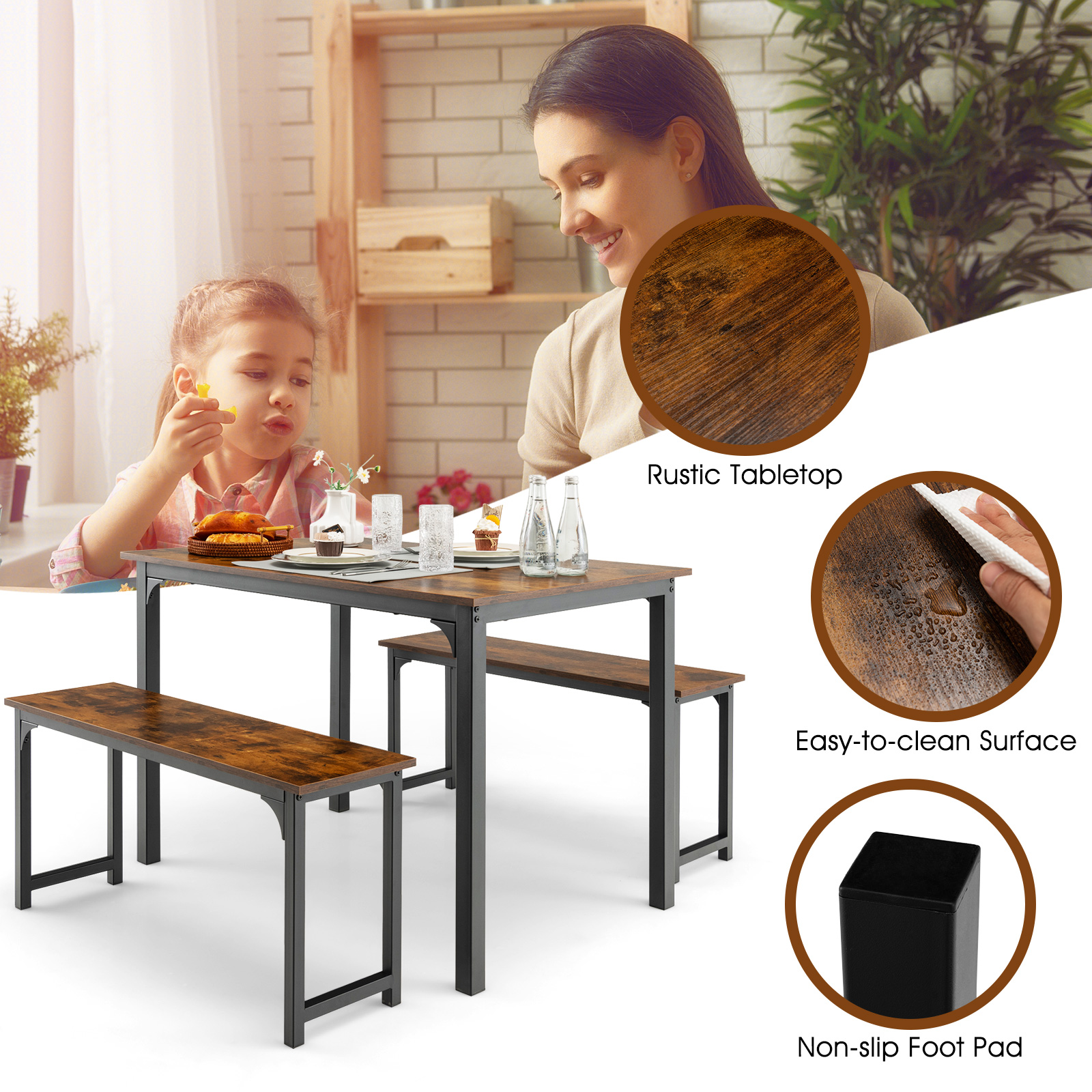 Modern 3 PCSDining Table Bench Set w/ Metal Frame &Wooden Tabletop Brown