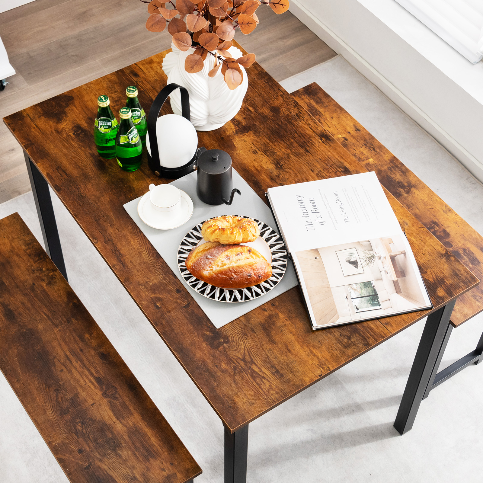 Modern 3 PCSDining Table Bench Set w/ Metal Frame &Wooden Tabletop Brown