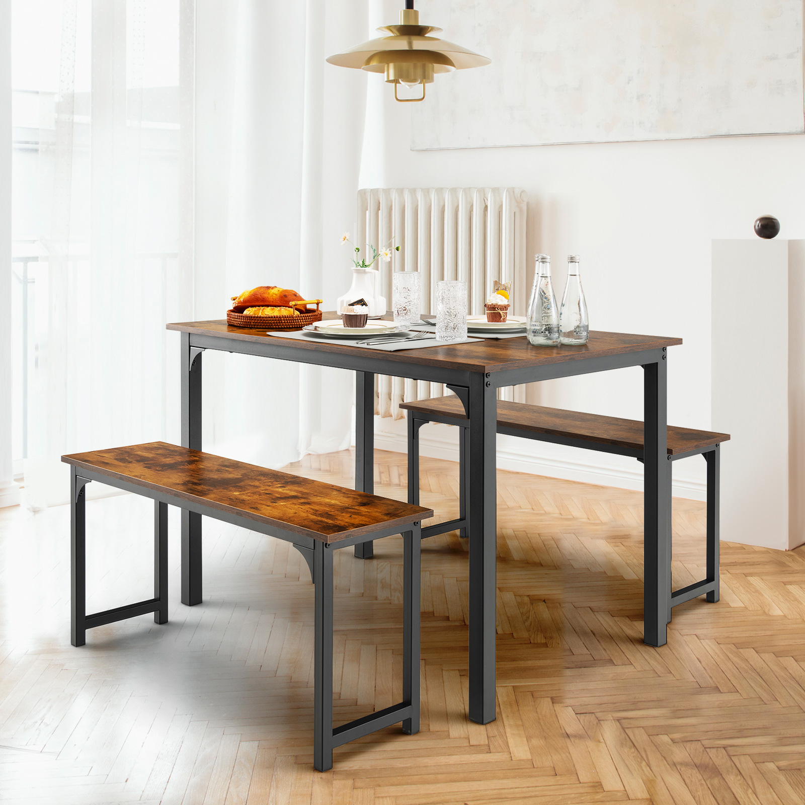 Modern 3 PCSDining Table Bench Set w/ Metal Frame &Wooden Tabletop Brown