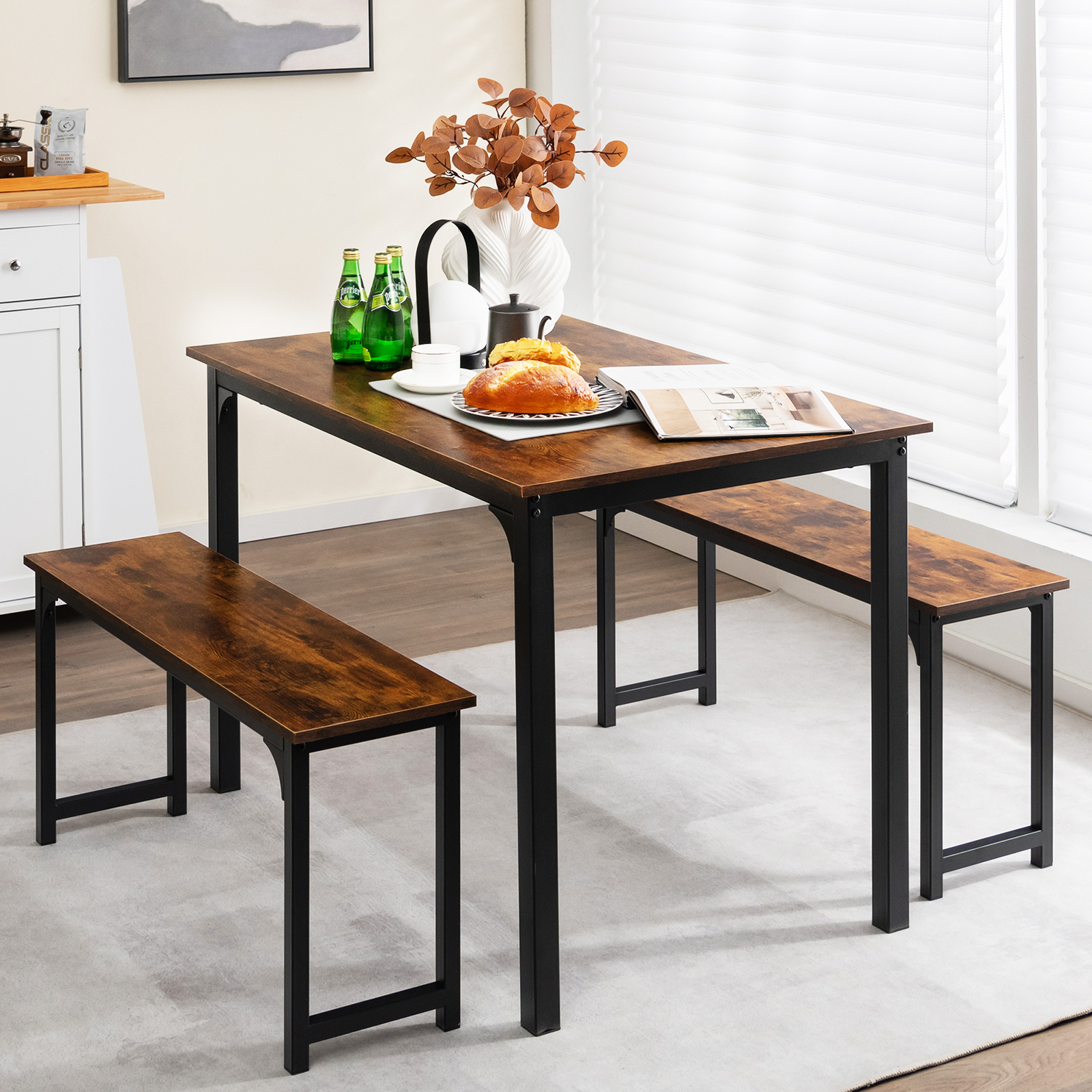 Modern 3 PCSDining Table Bench Set w/ Metal Frame &Wooden Tabletop Brown