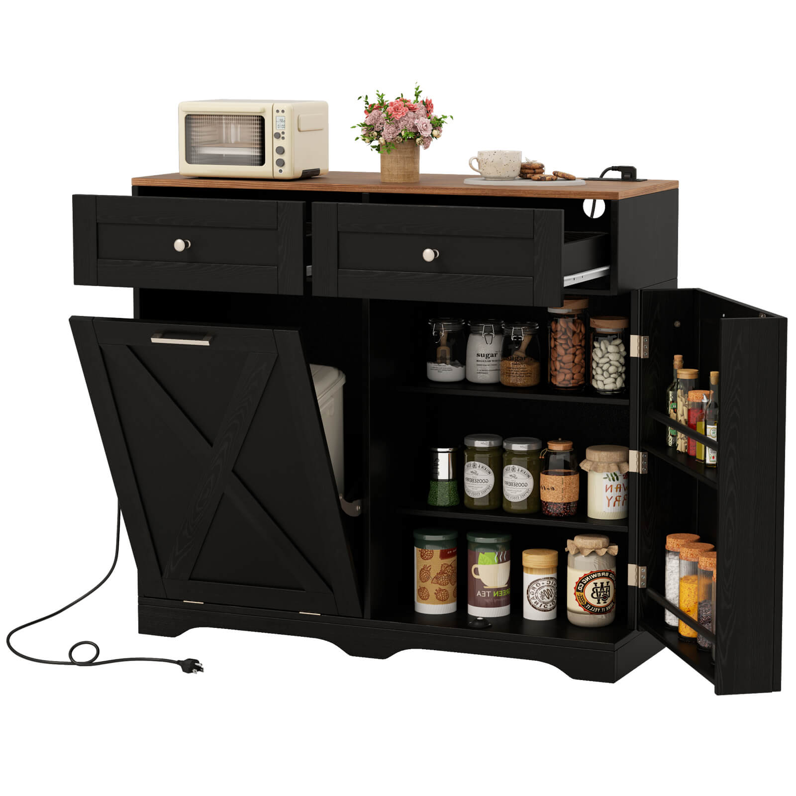 Tilt Out Trash Can Cabinet w/Outlets 2 Drawers Adjustable Shelf Anti-Tipping Kit - Picture 12 of 27