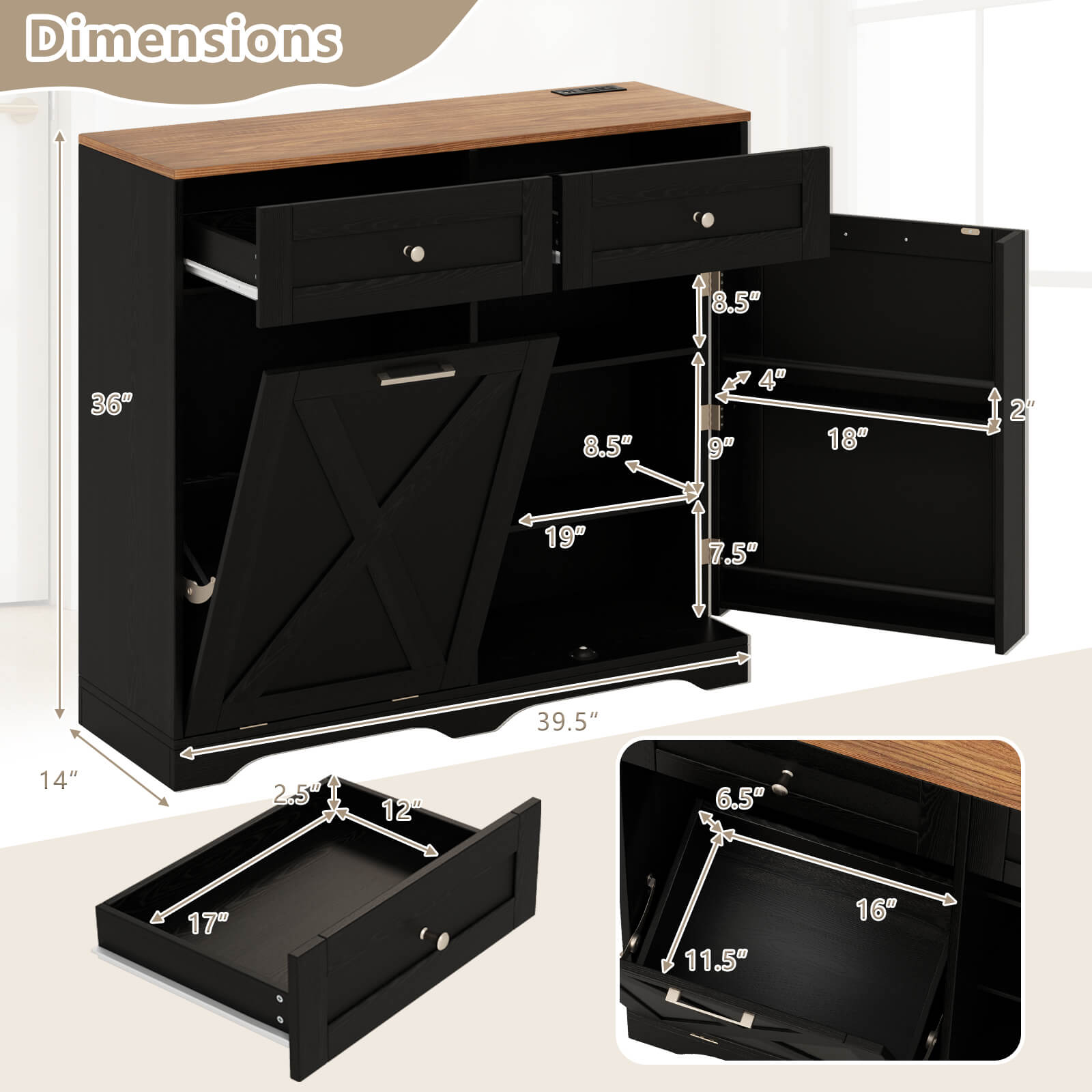 Tilt Out Trash Can Cabinet w/Outlets 2 Drawers Adjustable Shelf Anti-Tipping Kit - Picture 11 of 27