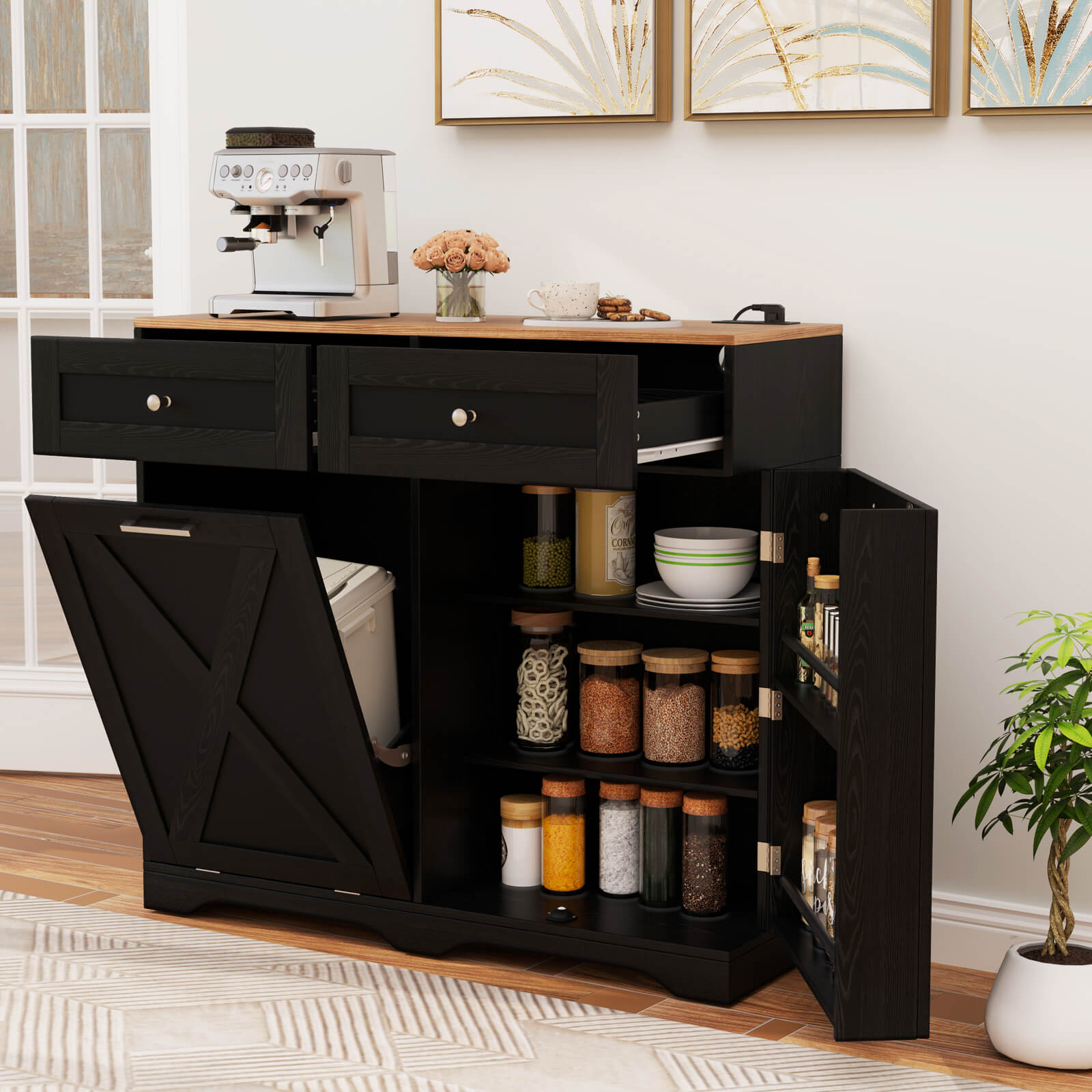 Tilt Out Trash Can Cabinet w/Outlets 2 Drawers Adjustable Shelf Anti-Tipping Kit - Picture 10 of 27
