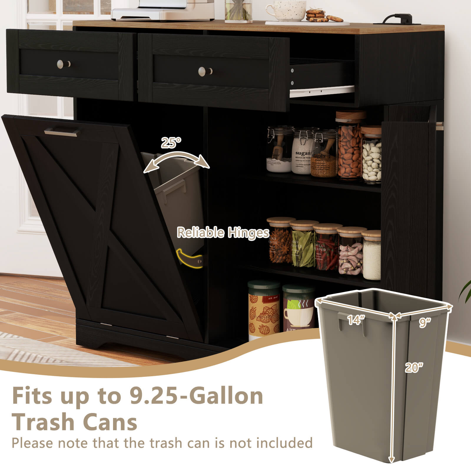 Tilt Out Trash Can Cabinet w/Outlets 2 Drawers Adjustable Shelf Anti-Tipping Kit - Picture 14 of 27