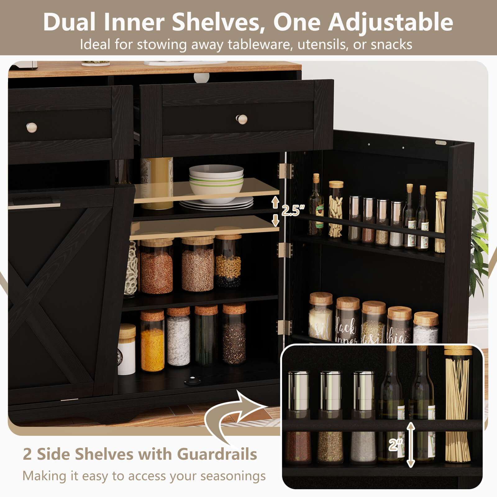 Tilt Out Trash Can Cabinet w/Outlets 2 Drawers Adjustable Shelf Anti-Tipping Kit - Picture 15 of 27
