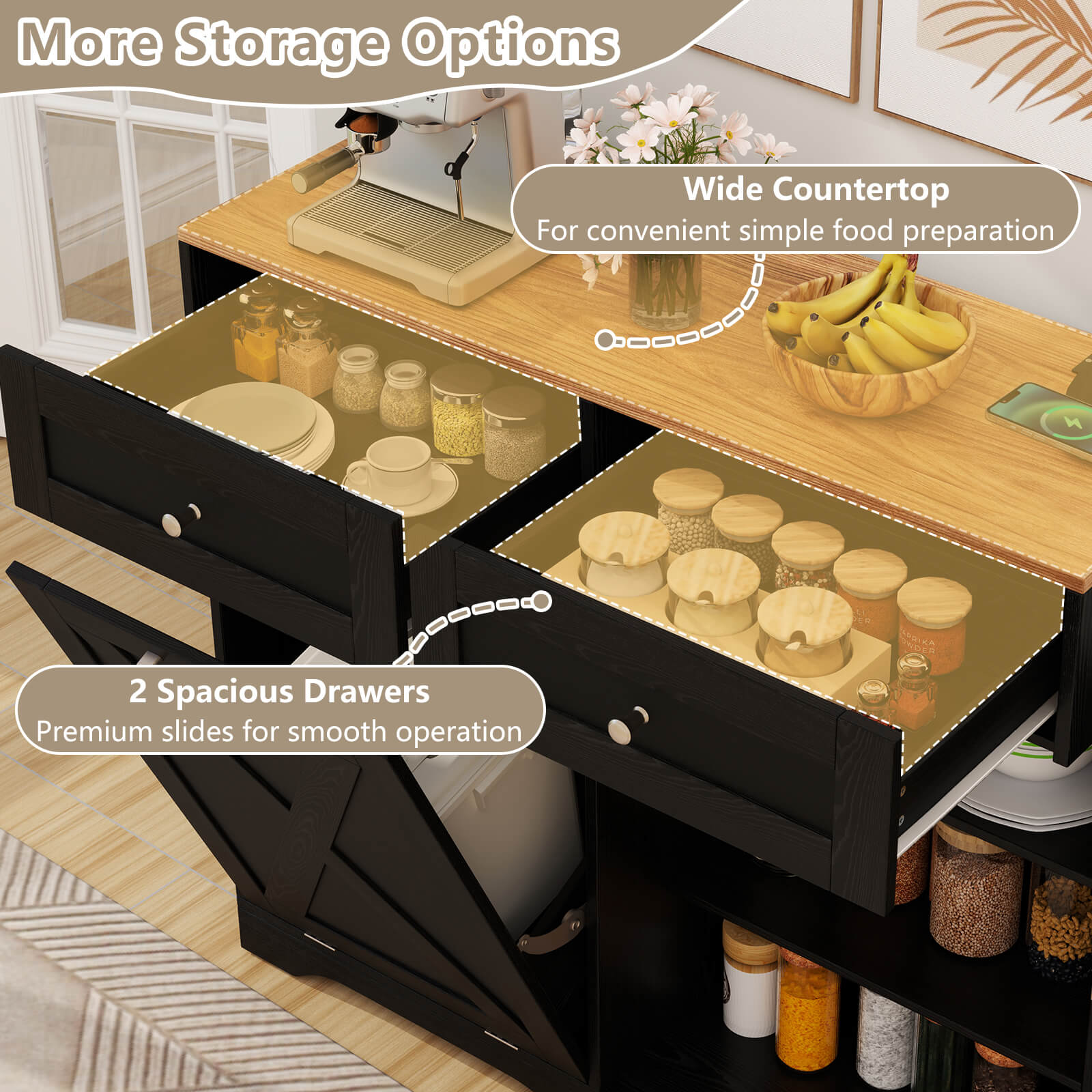 Tilt Out Trash Can Cabinet w/Outlets 2 Drawers Adjustable Shelf Anti-Tipping Kit - Picture 16 of 27