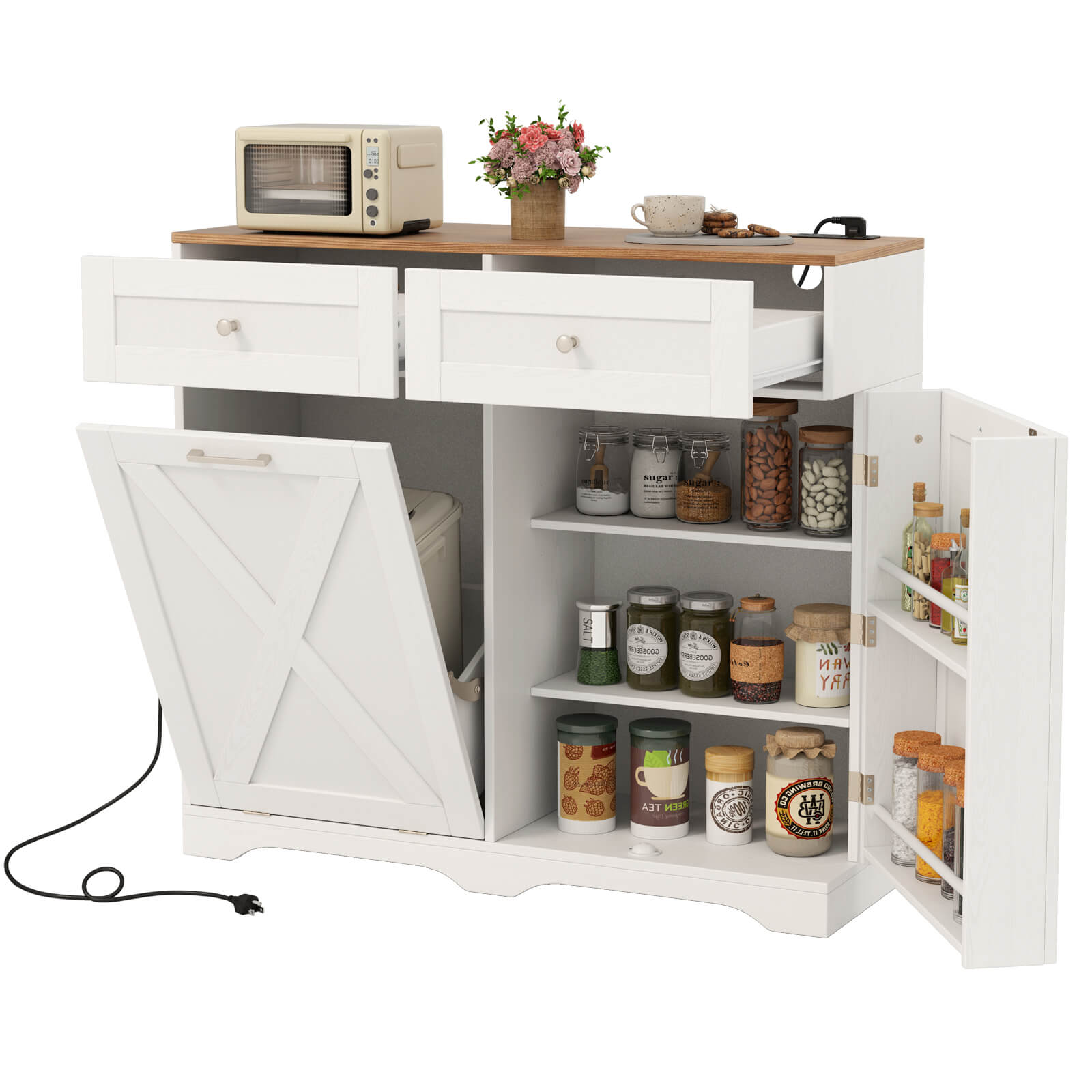 Tilt Out Trash Can Cabinet w/Outlets 2 Drawers Adjustable Shelf Anti-Tipping Kit - Picture 21 of 27