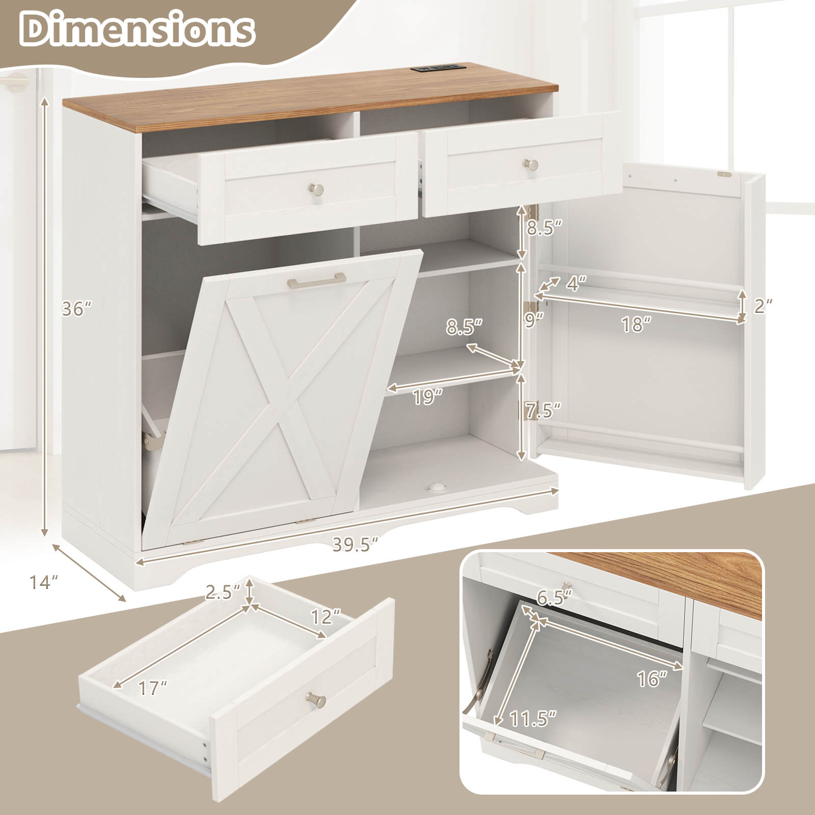 Tilt Out Trash Can Cabinet w/Outlets 2 Drawers Adjustable Shelf Anti-Tipping Kit - Picture 20 of 27