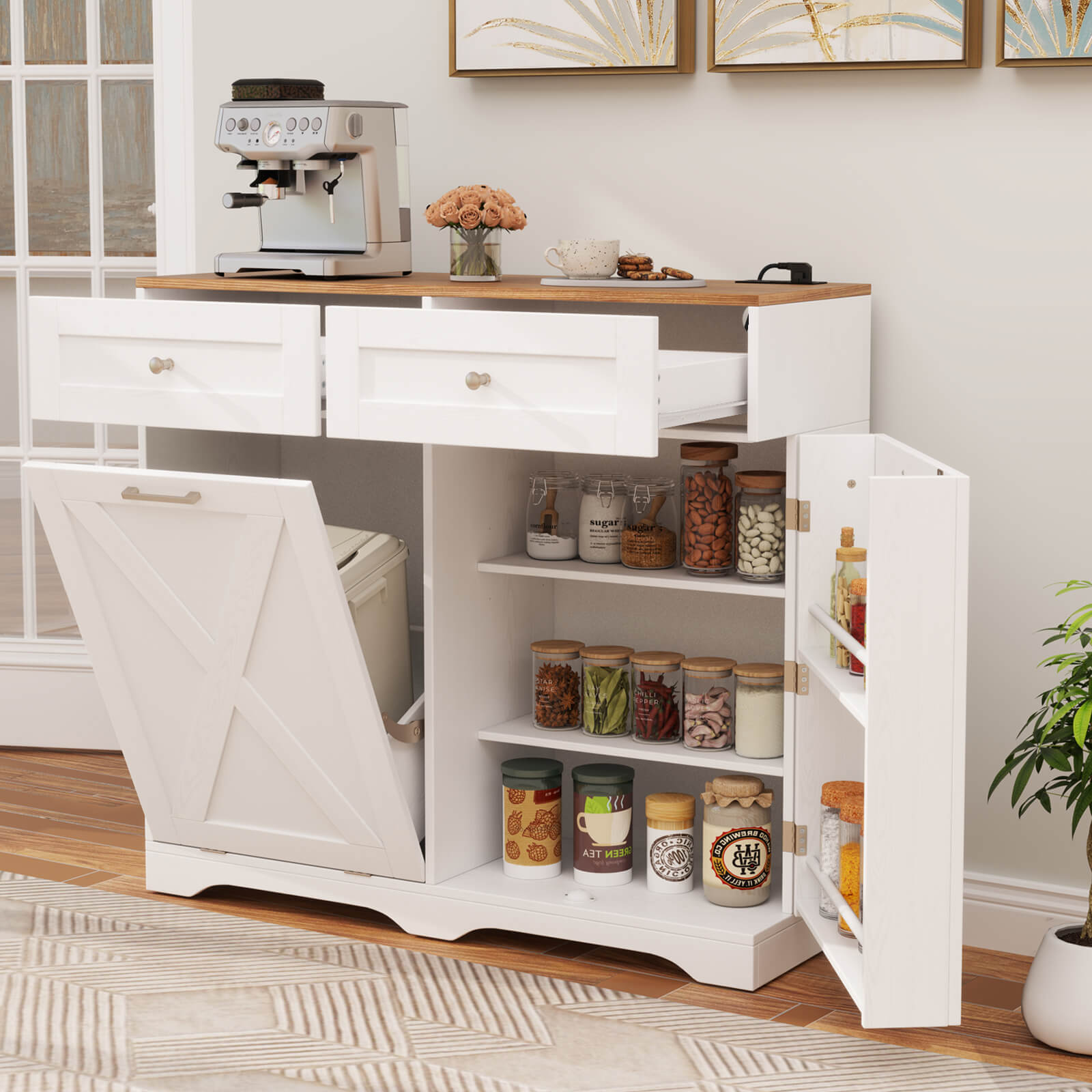 Tilt Out Trash Can Cabinet w/Outlets 2 Drawers Adjustable Shelf Anti-Tipping Kit - Picture 19 of 27
