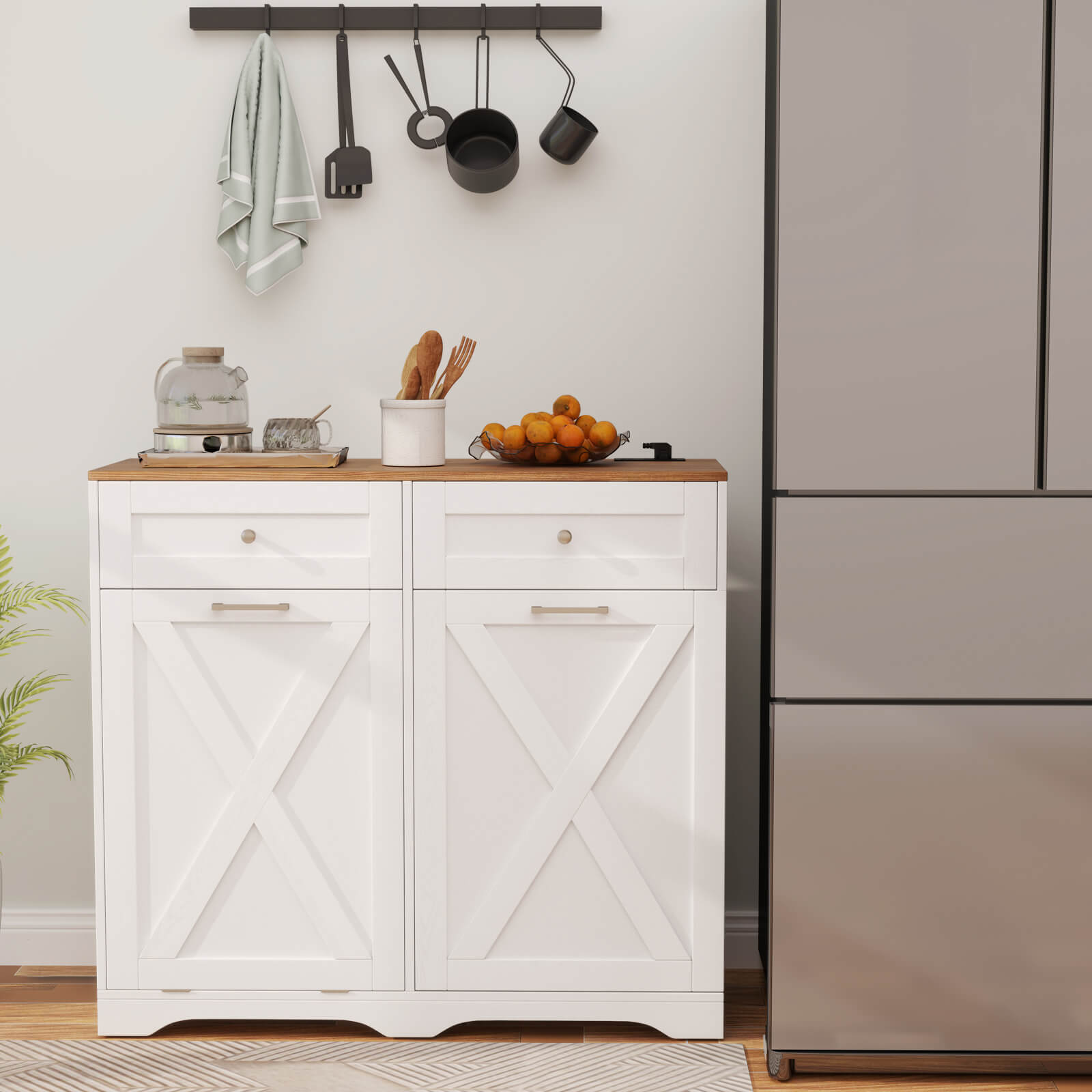 Tilt Out Trash Can Cabinet w/Outlets 2 Drawers Adjustable Shelf Anti-Tipping Kit - Picture 22 of 27