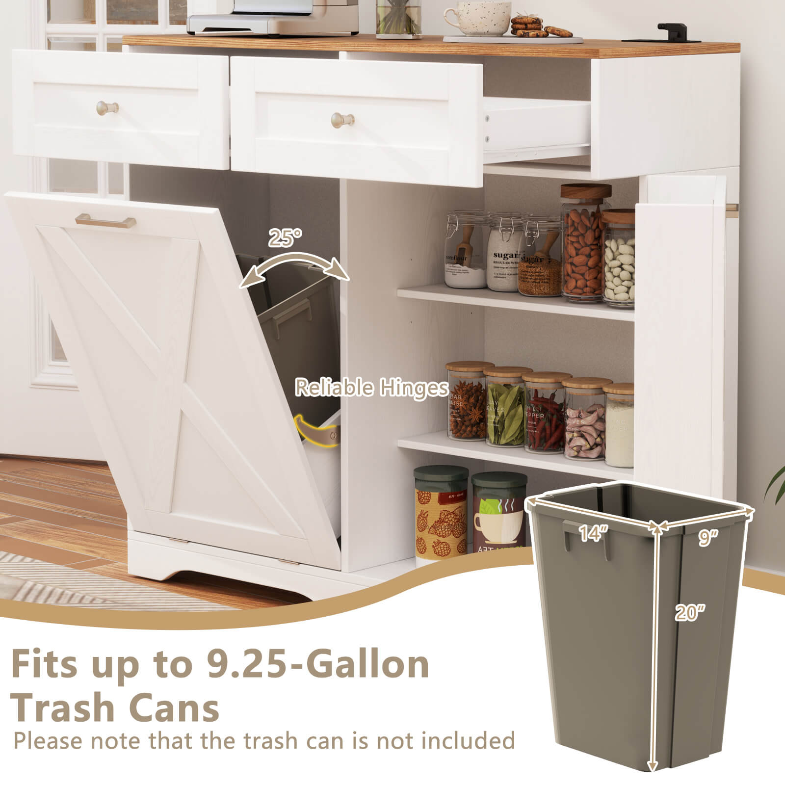 Tilt Out Trash Can Cabinet w/Outlets 2 Drawers Adjustable Shelf Anti-Tipping Kit - Picture 23 of 27