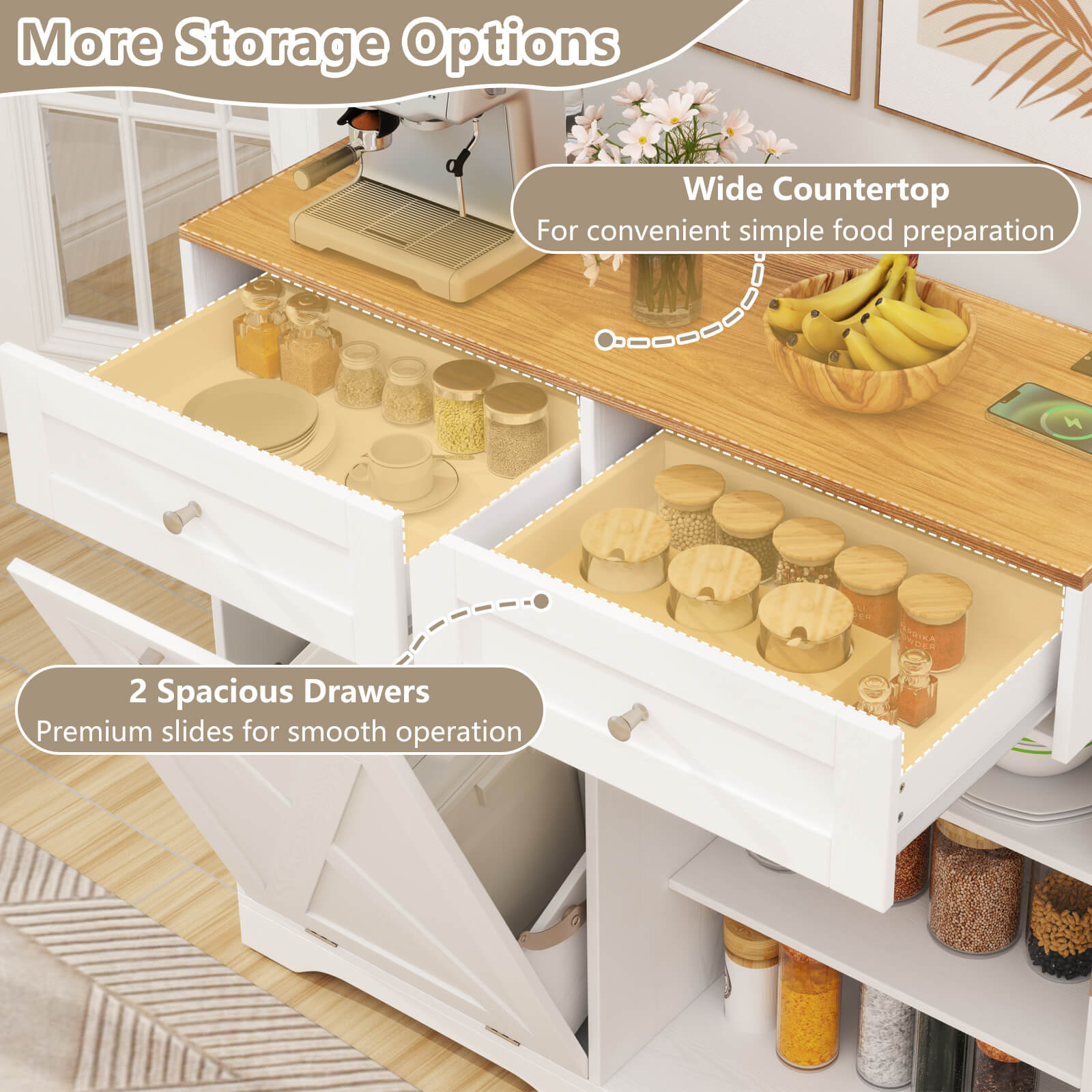 Tilt Out Trash Can Cabinet w/Outlets 2 Drawers Adjustable Shelf Anti-Tipping Kit - Picture 25 of 27