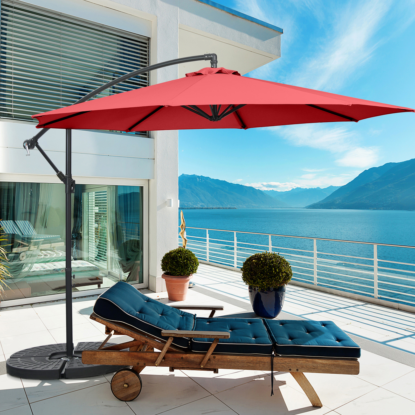 10 FT Patio Offset Umbrella w/8 Ribs Cross Base Tilt - Picture 25 of 60