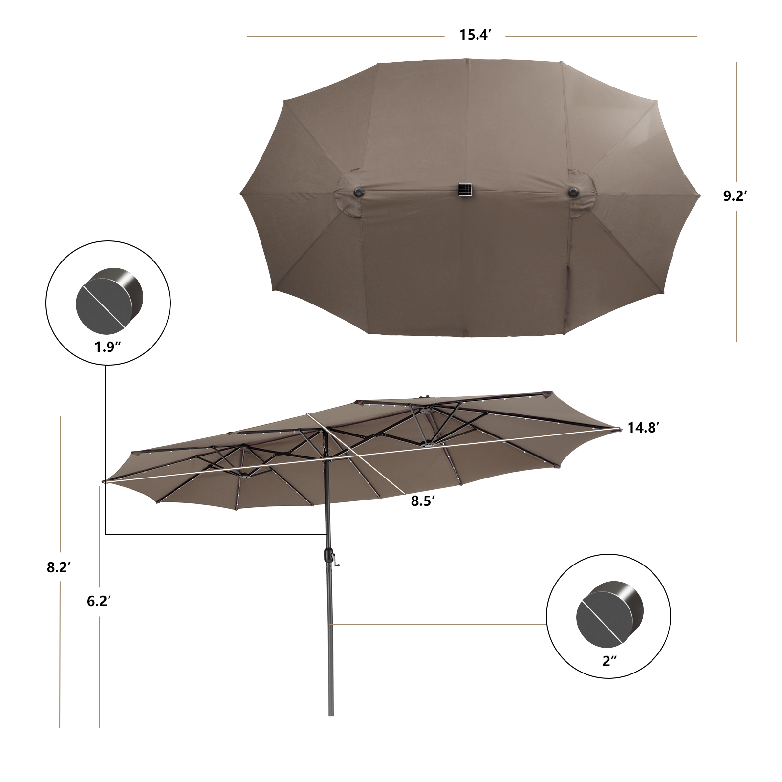 15FT Twin Patio Double-Sided Umbrella 48 Solar LED Lights Crank Outdoor - Picture 10 of 32